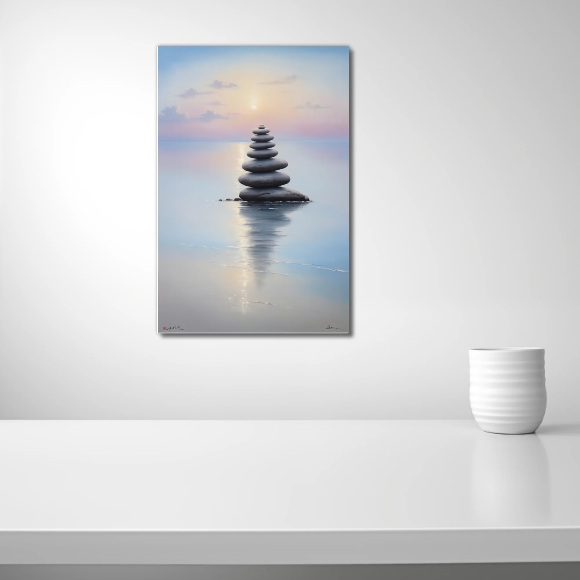 Zen minimalist stacked stones over still water at soft pastel sunrise