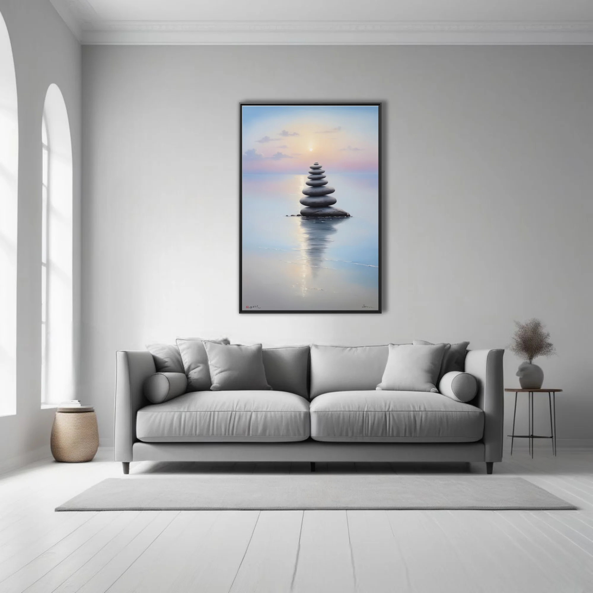Zen minimalist stacked stones over still water at soft pastel sunrise