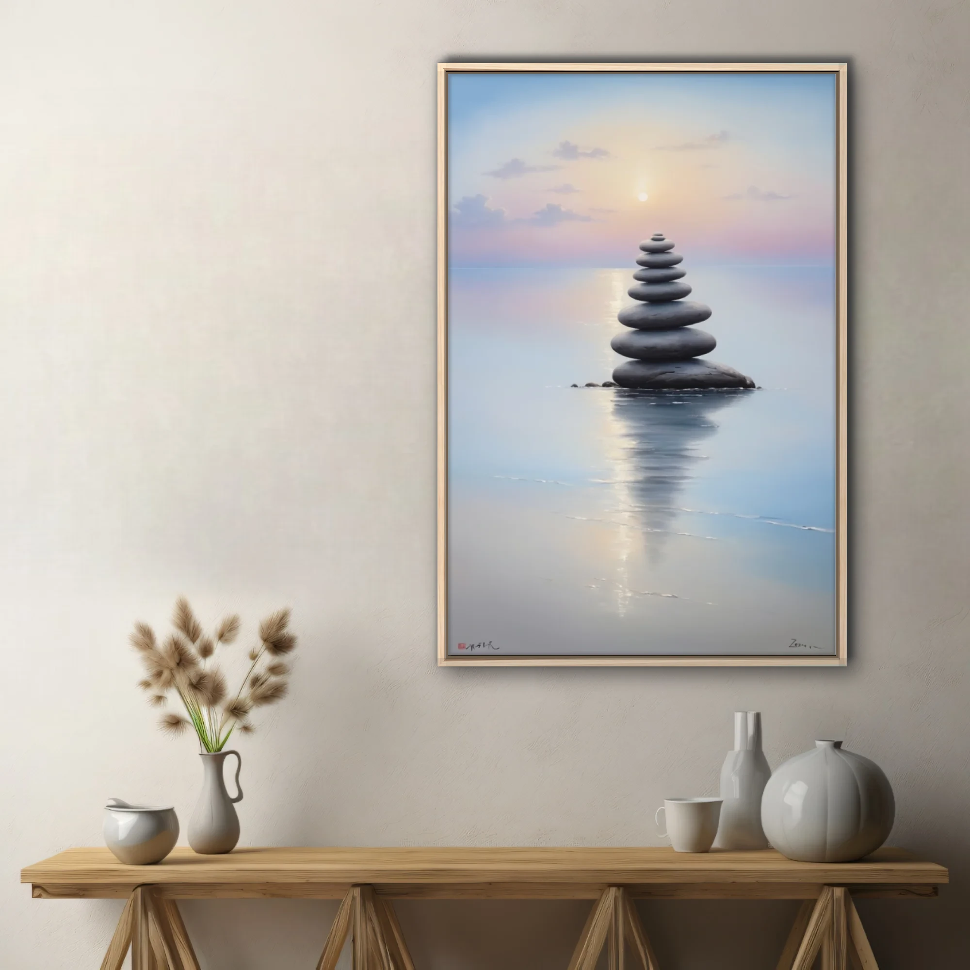 Zen minimalist stacked stones over still water at soft pastel sunrise