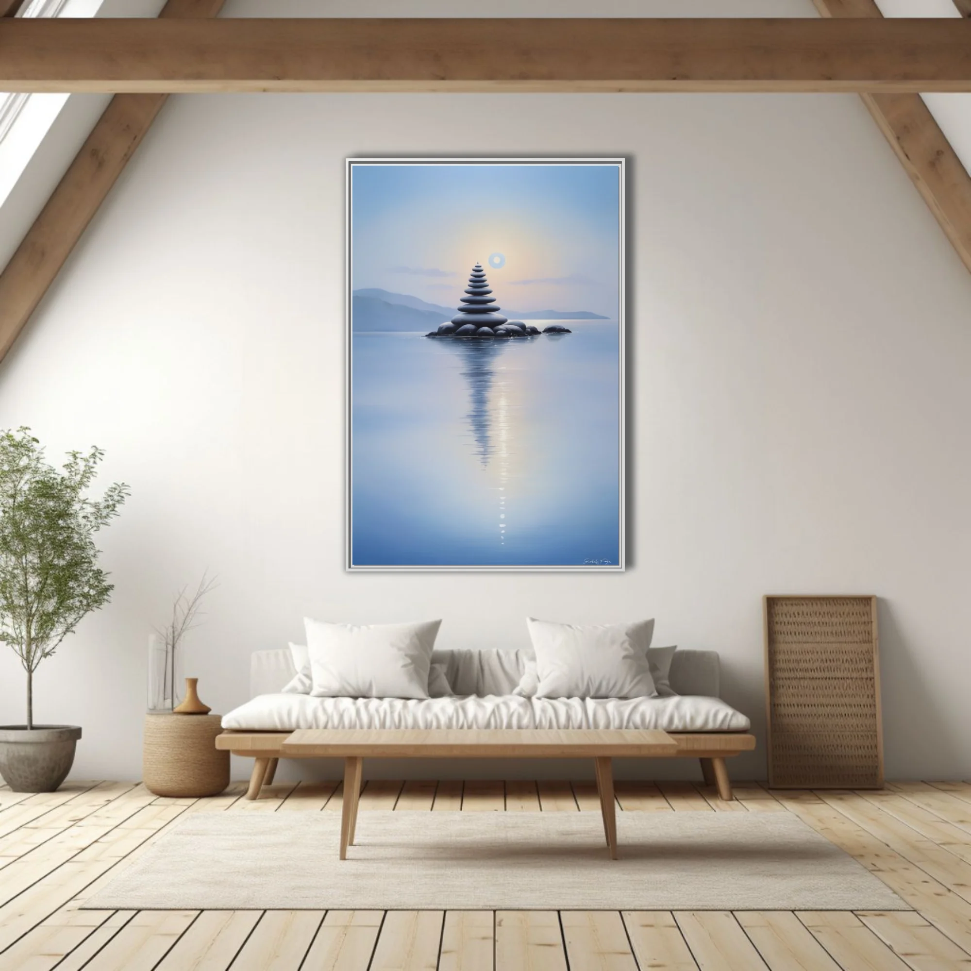 Minimalist zen stone stack reflected in calm blue water at dusk