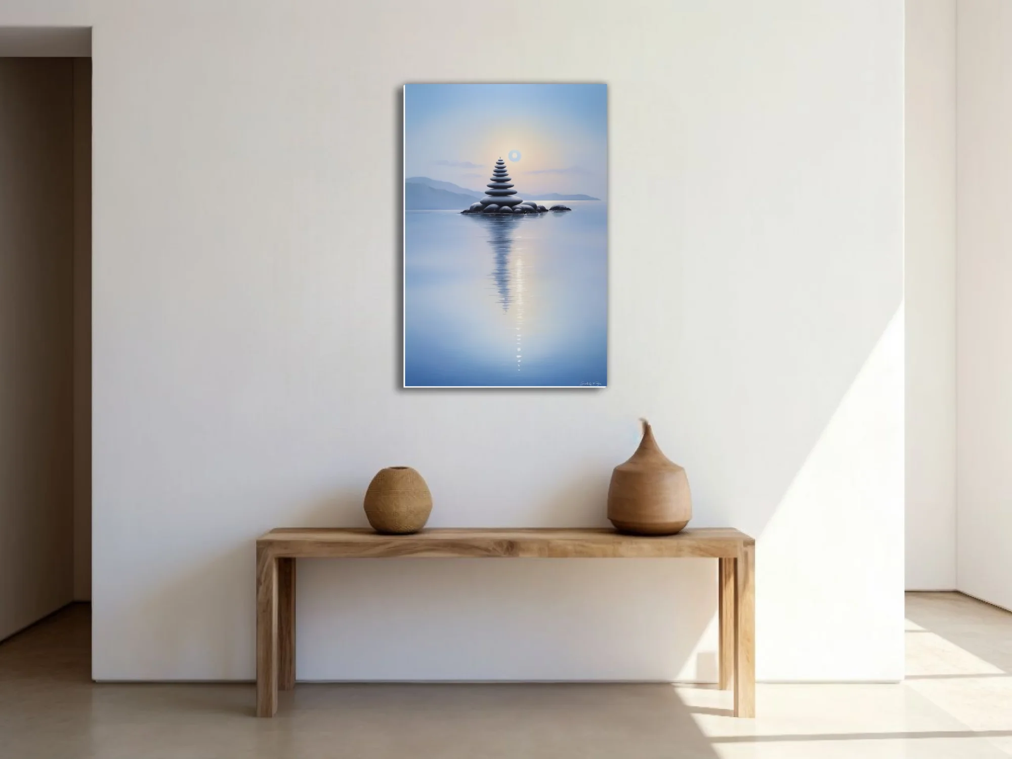 Minimalist zen stone stack reflected in calm blue water at dusk