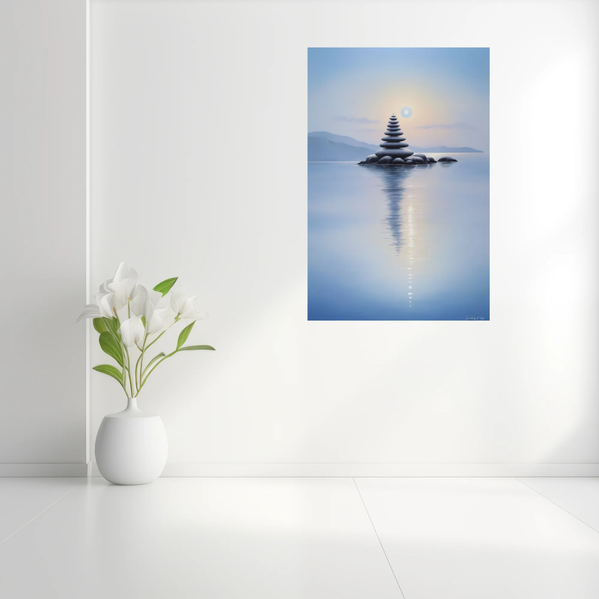 Minimalist zen stone stack reflected in calm blue water at dusk