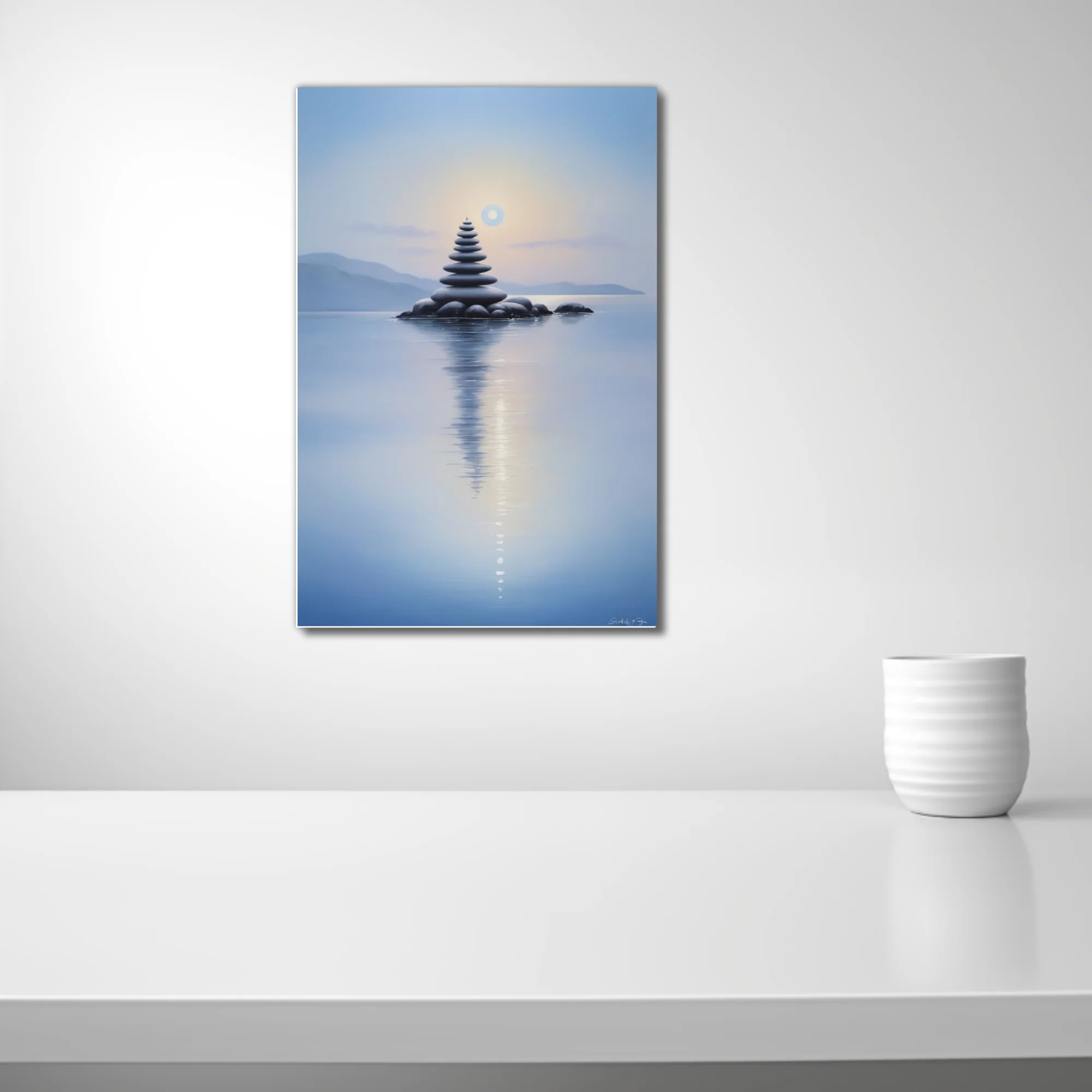 Minimalist zen stone stack reflected in calm blue water at dusk