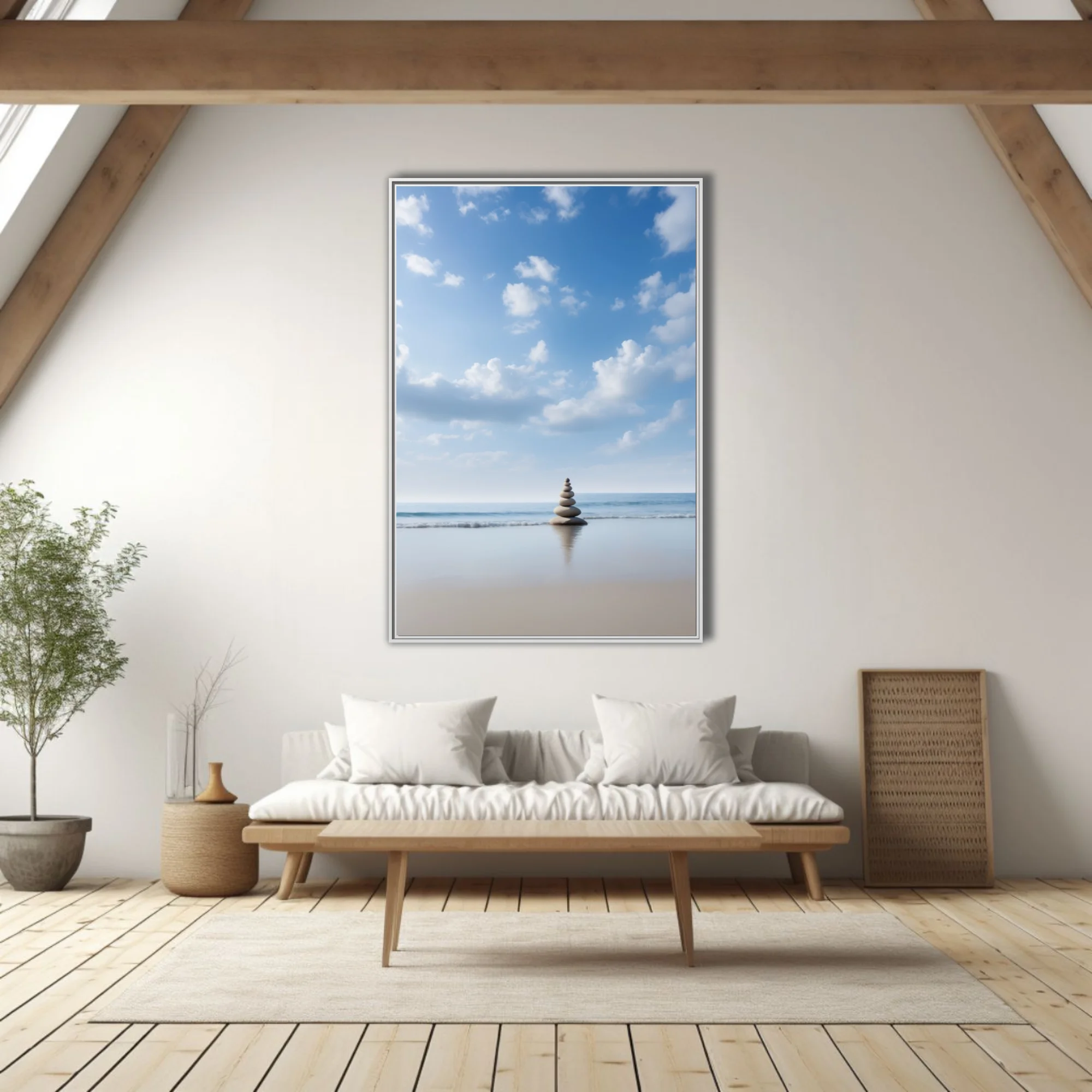 Minimalist zen stone cairn on calm beach, blue sky, soft coastal palette