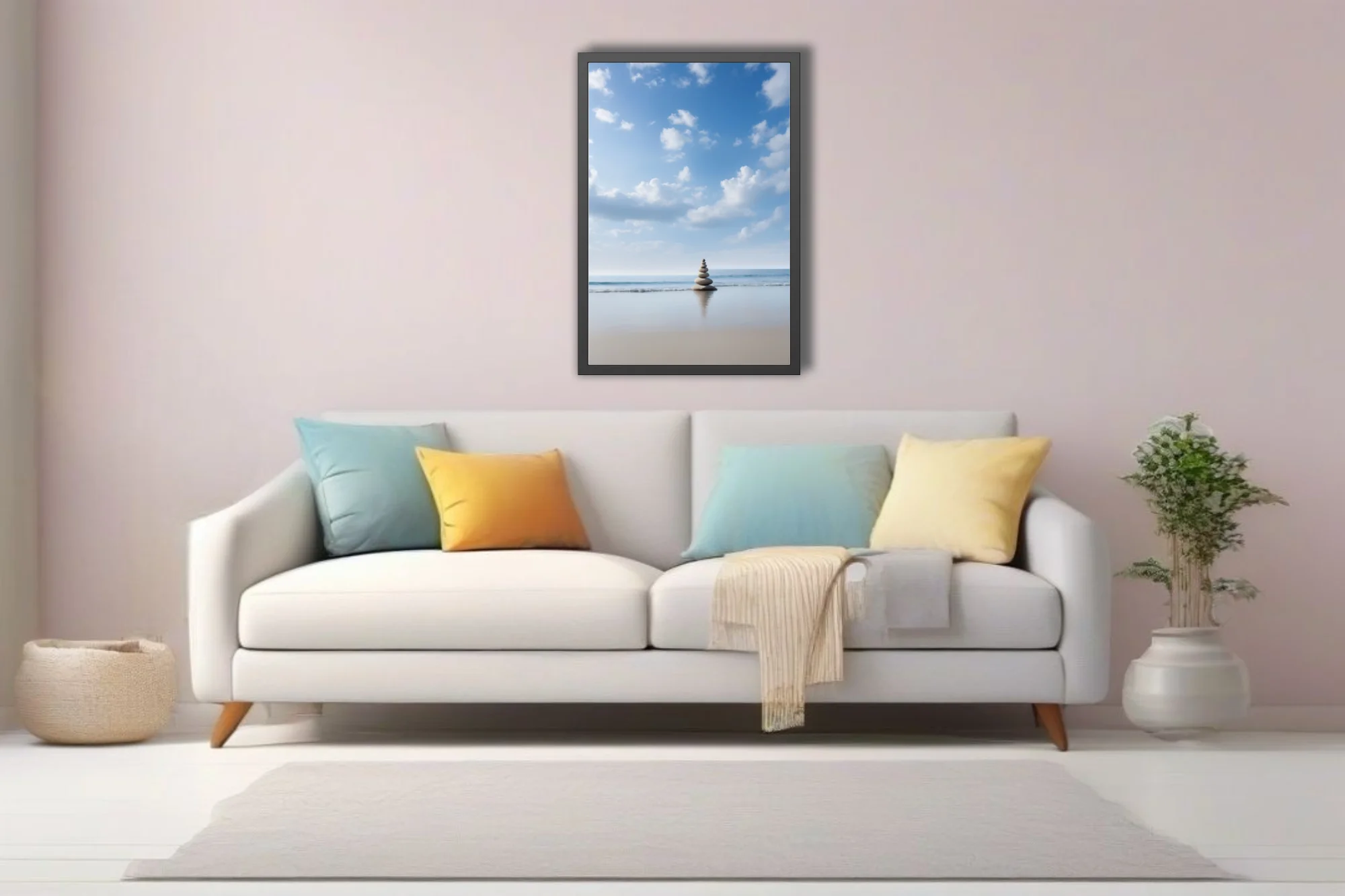 Minimalist zen stone cairn on calm beach, blue sky, soft coastal palette