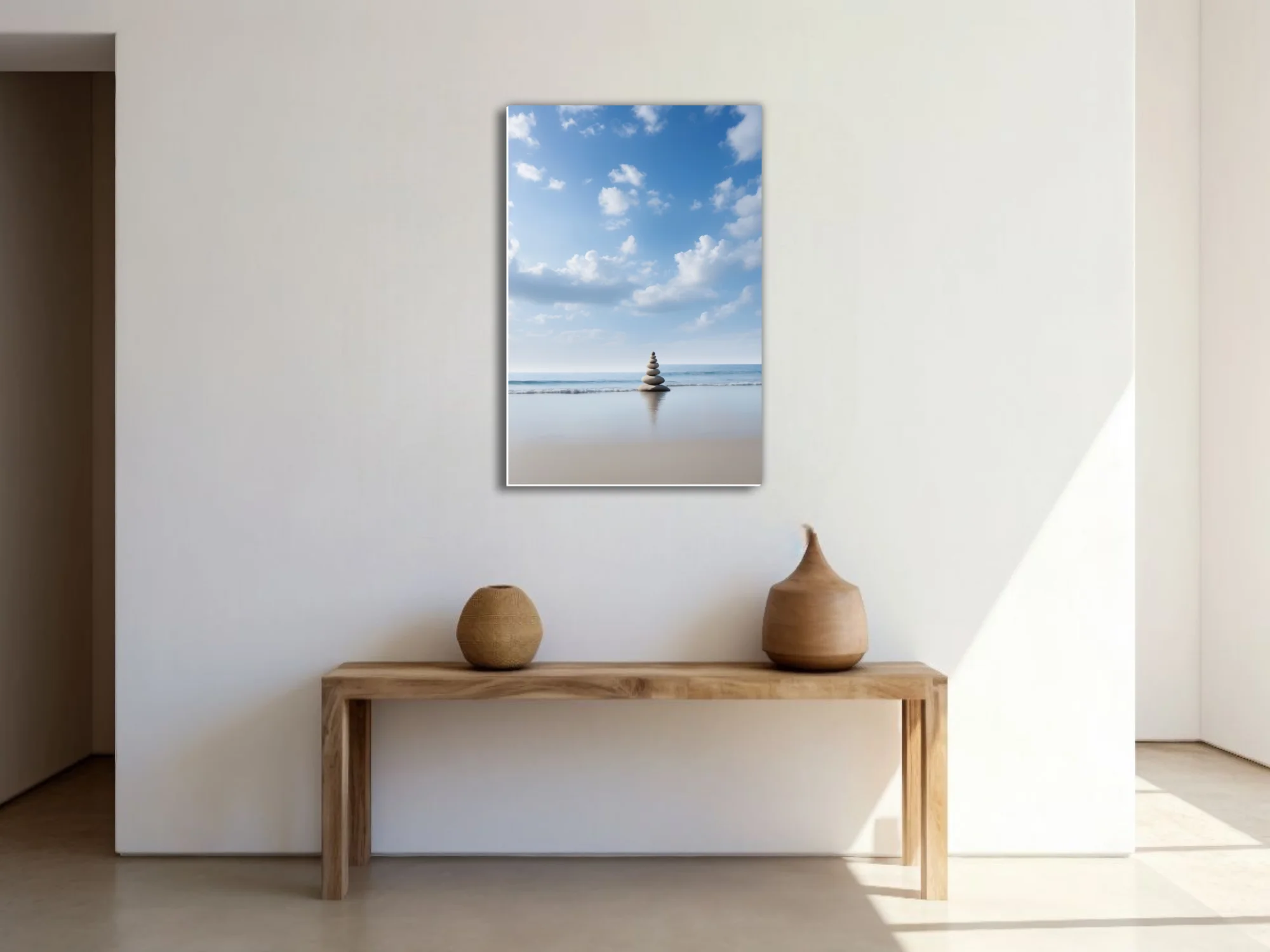 Minimalist zen stone cairn on calm beach, blue sky, soft coastal palette