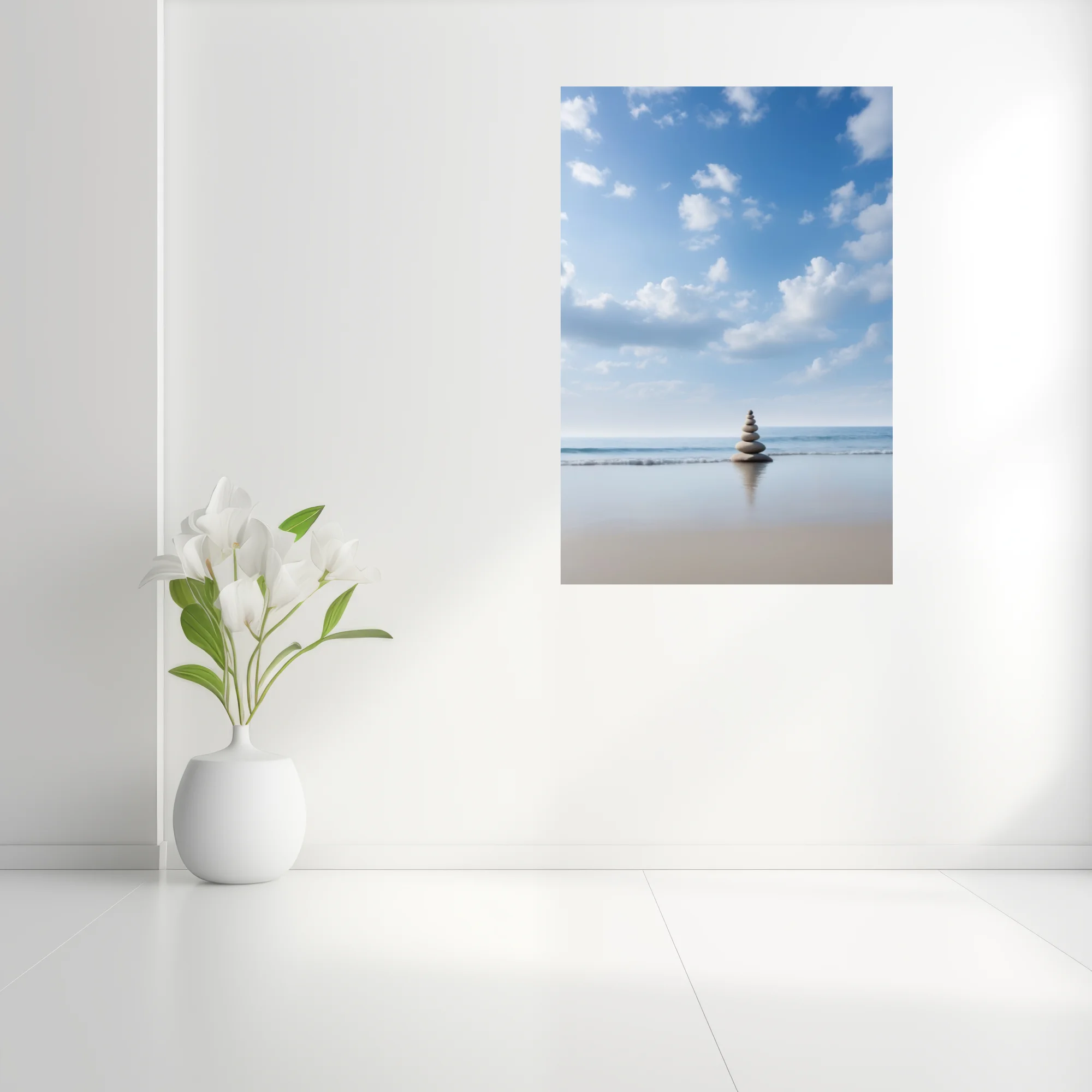 Minimalist zen stone cairn on calm beach, blue sky, soft coastal palette