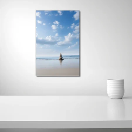 Minimalist zen stone cairn on calm beach, blue sky, soft coastal palette