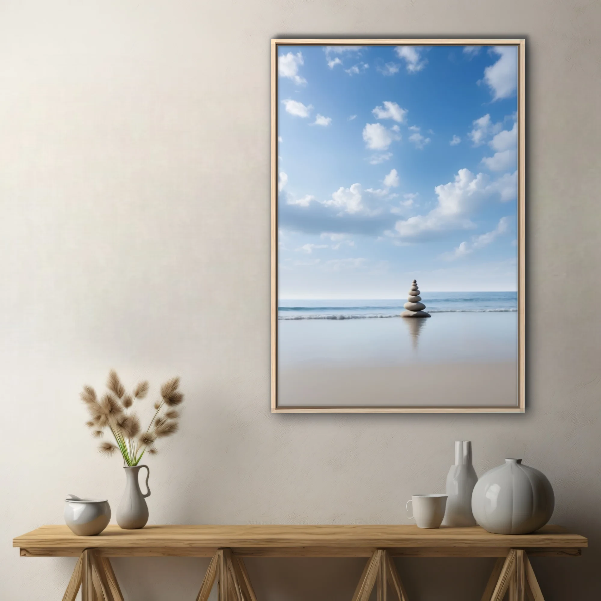 Minimalist zen stone cairn on calm beach, blue sky, soft coastal palette