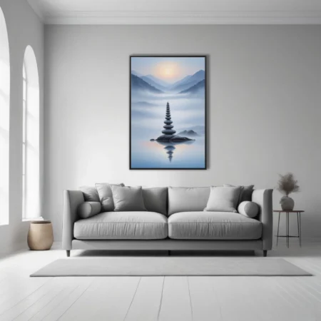 Zen stone stack on misty lake with mountain backdrop, cool blue-grey ink-wash style