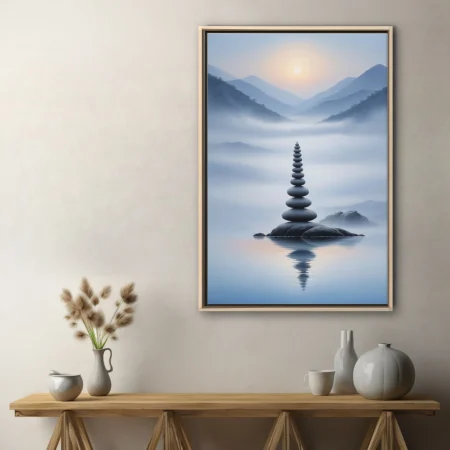Zen stone stack on misty lake with mountain backdrop, cool blue-grey ink-wash style