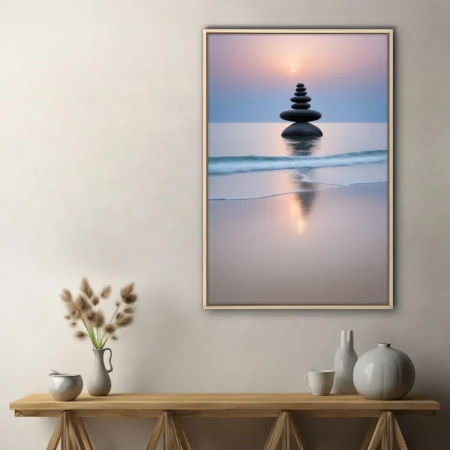 Minimalist zen stacked stones at shoreline, pastel sunrise sky, calm ocean