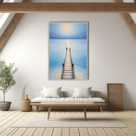 Minimalist seascape with wooden pier, soft blue palette and glowing celestial form
