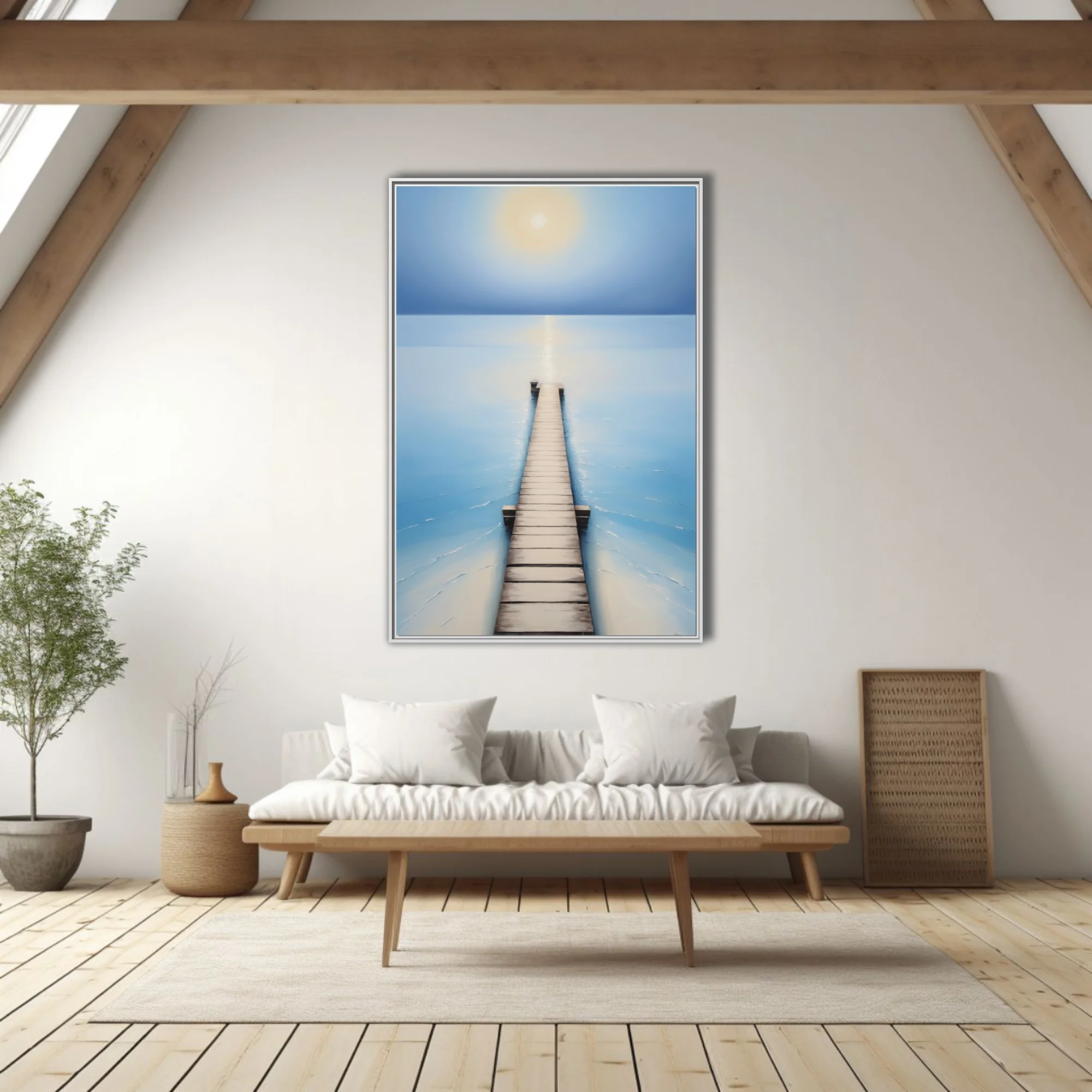 Minimalist seascape with wooden pier, soft blue palette and glowing celestial form