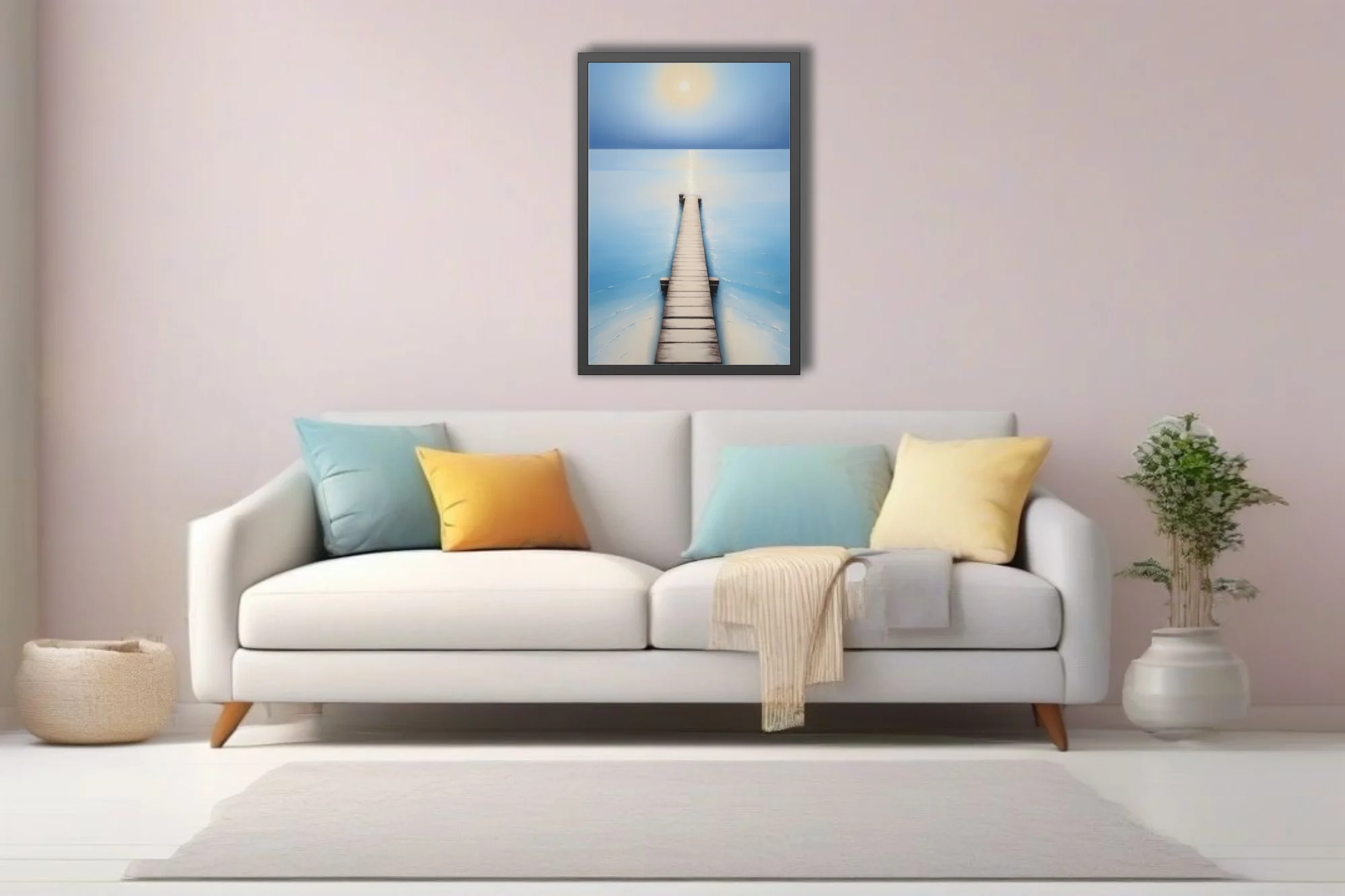 Minimalist seascape with wooden pier, soft blue palette and glowing celestial form