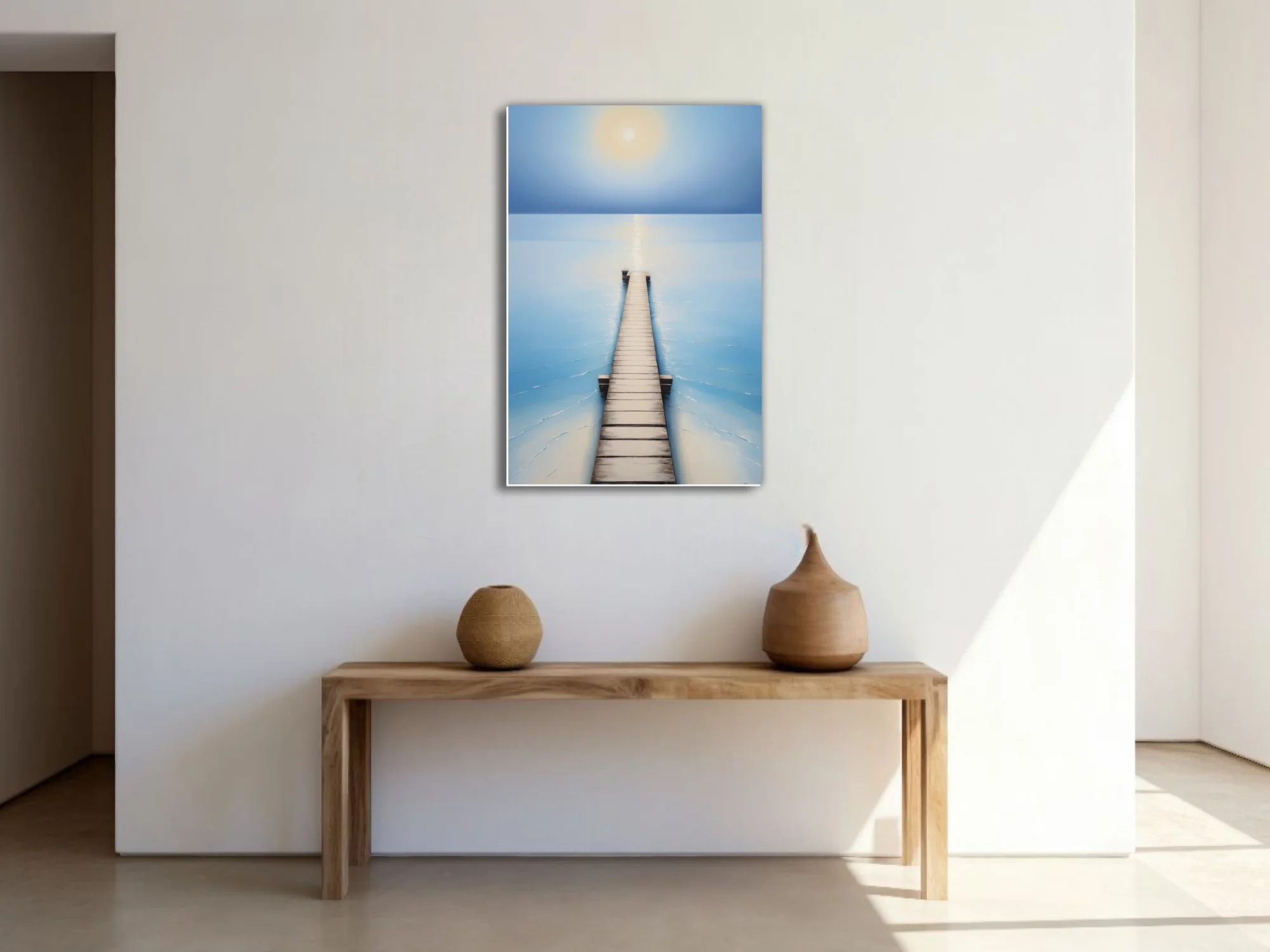 Minimalist seascape with wooden pier, soft blue palette and glowing celestial form
