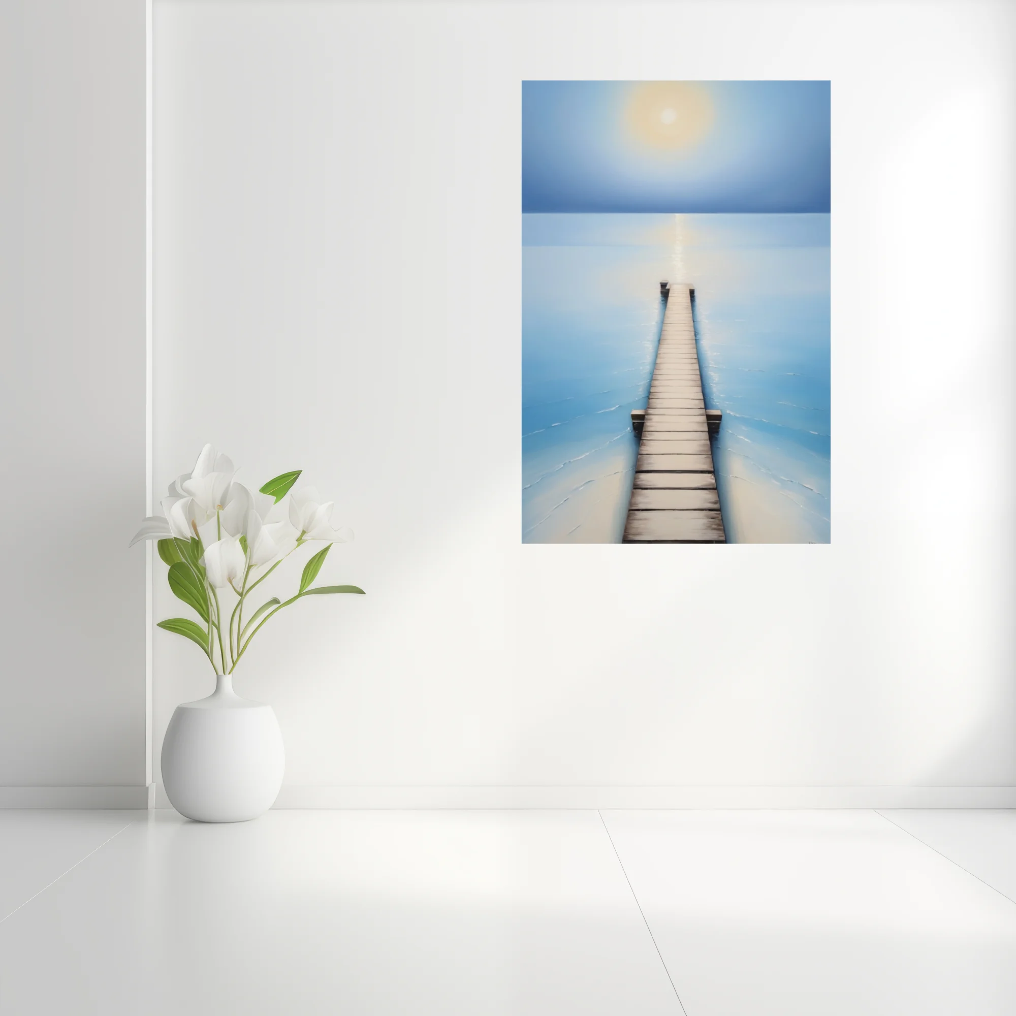 Minimalist seascape with wooden pier, soft blue palette and glowing celestial form