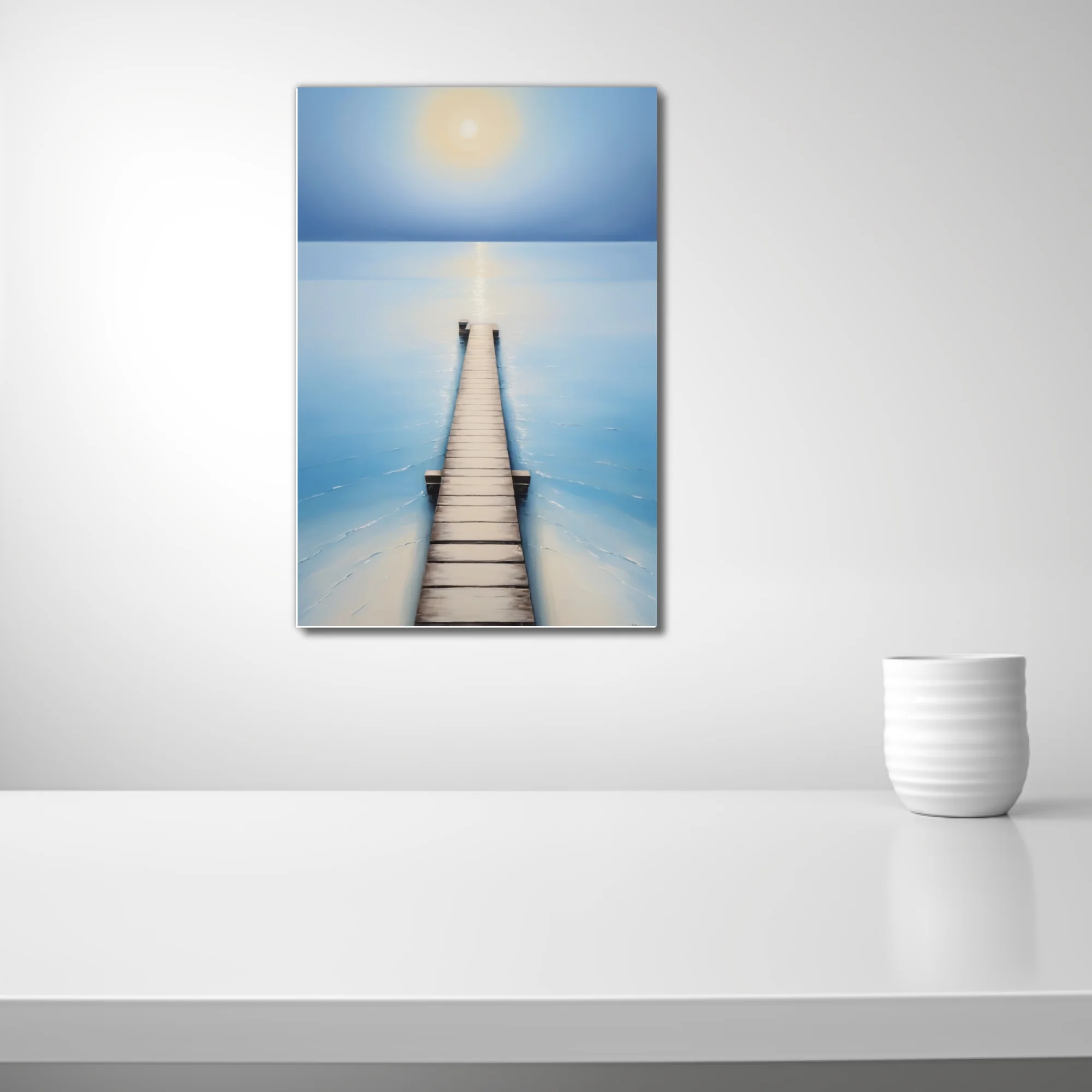 Minimalist seascape with wooden pier, soft blue palette and glowing celestial form
