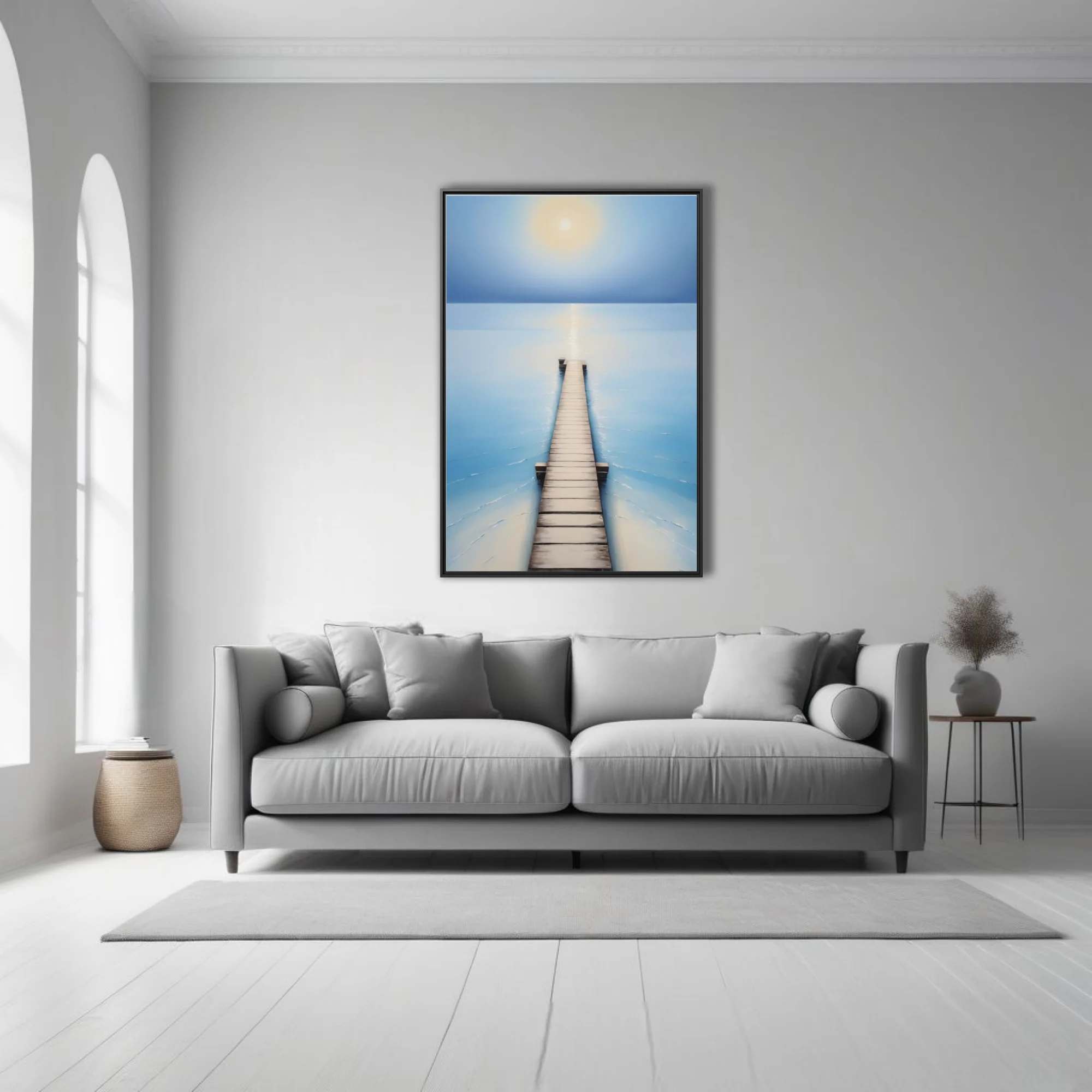 Minimalist seascape with wooden pier, soft blue palette and glowing celestial form