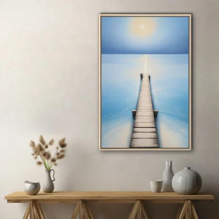 Minimalist seascape with wooden pier, soft blue palette and glowing celestial form