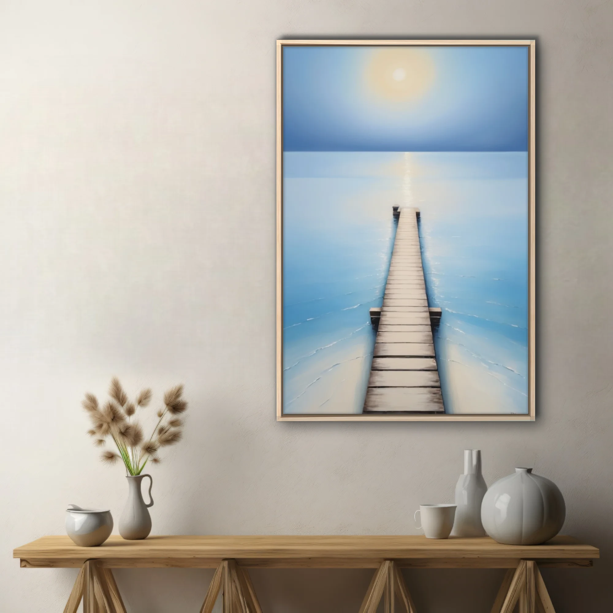 Minimalist seascape with wooden pier, soft blue palette and glowing celestial form