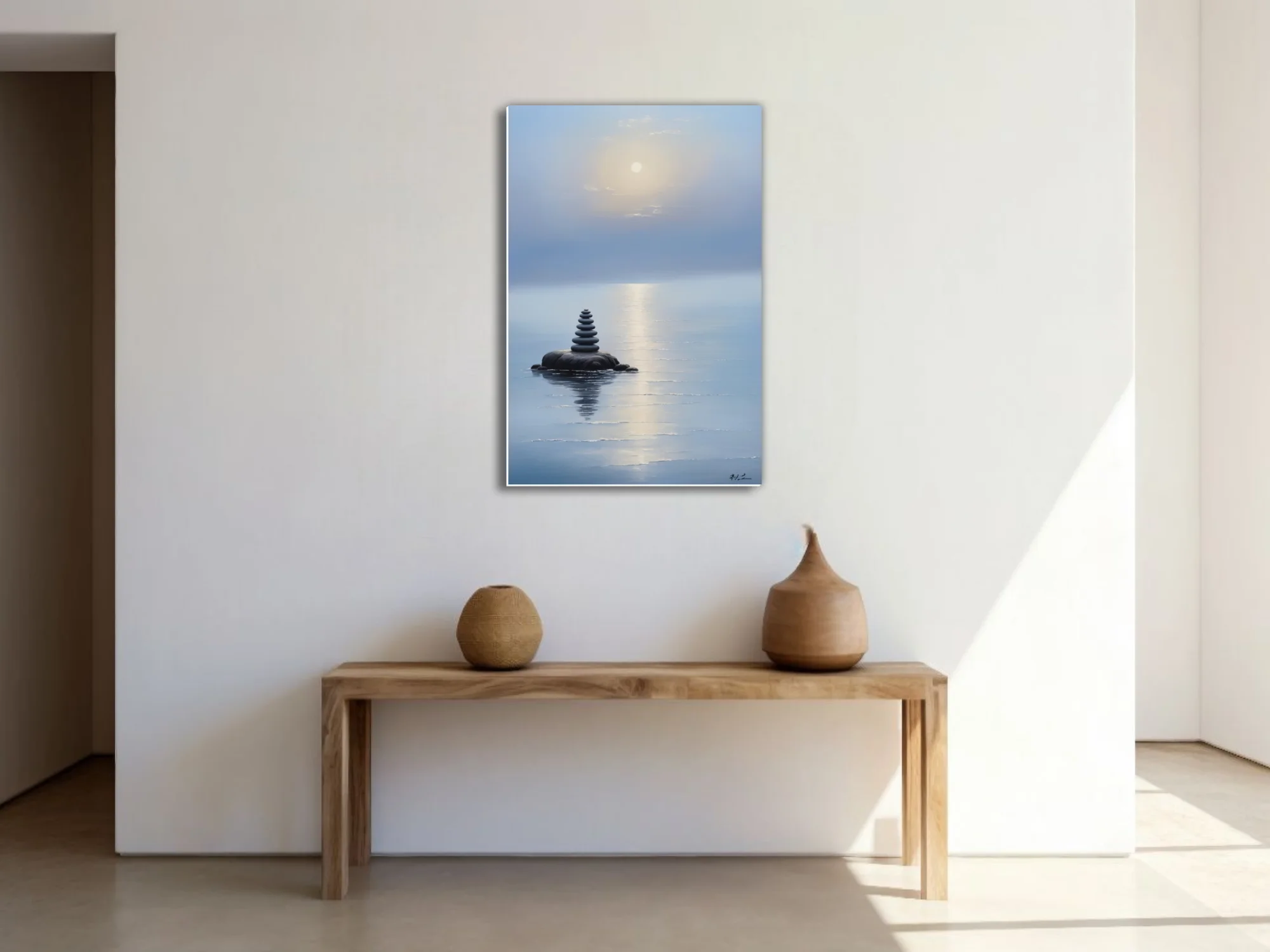 Minimalist zen stone cairn on still misty water with glowing sky