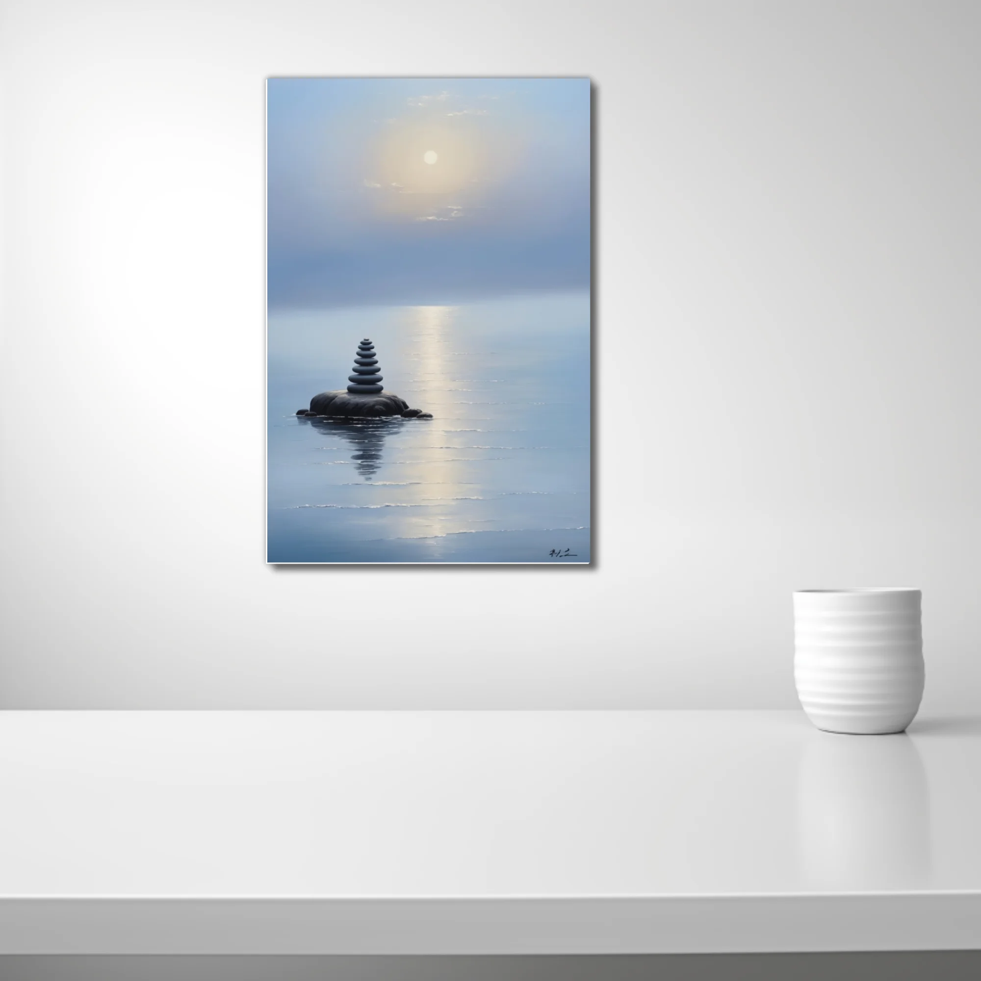 Minimalist zen stone cairn on still misty water with glowing sky