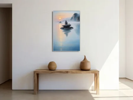 Minimalist zen stone stack at dawn, ink-wash-style misty waterscape in soft blue and blush