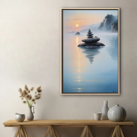Minimalist zen stone stack at dawn, ink-wash-style misty waterscape in soft blue and blush