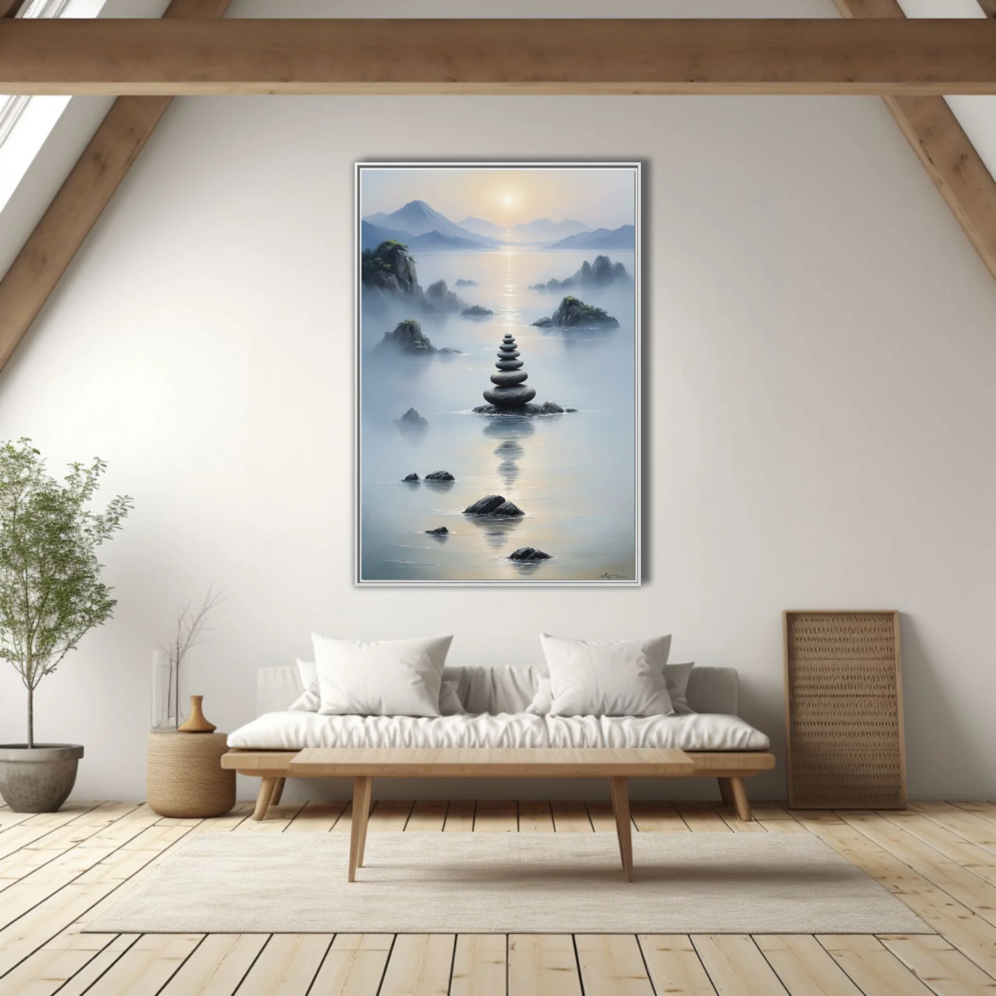 Zen ink-wash landscape with stacked stone cairn, misty water, and mountain silhouettes