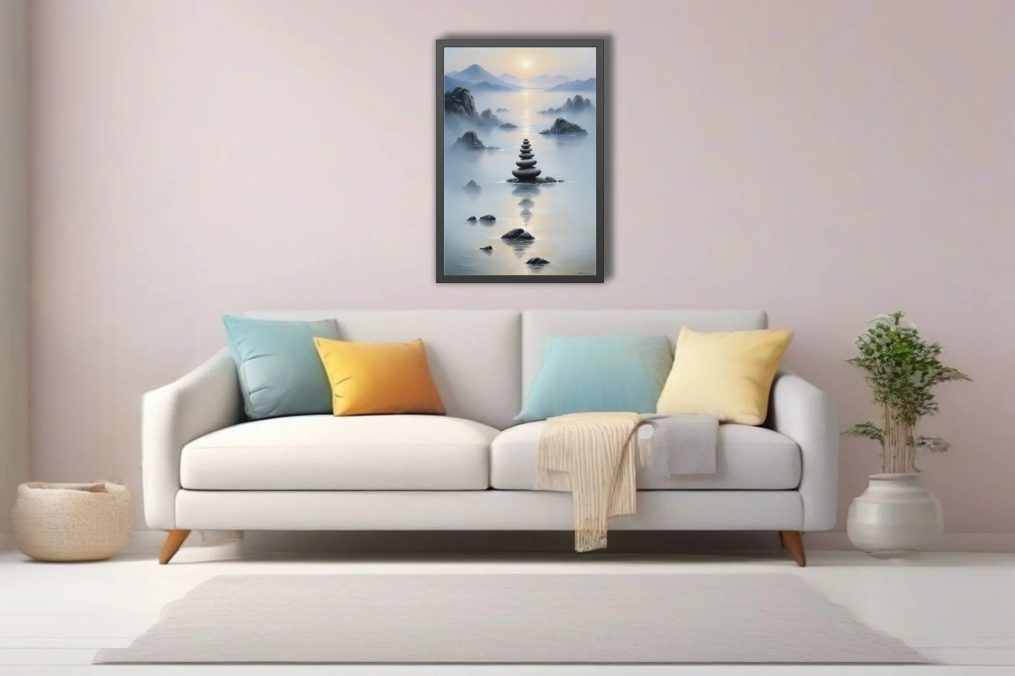 Zen ink-wash landscape with stacked stone cairn, misty water, and mountain silhouettes