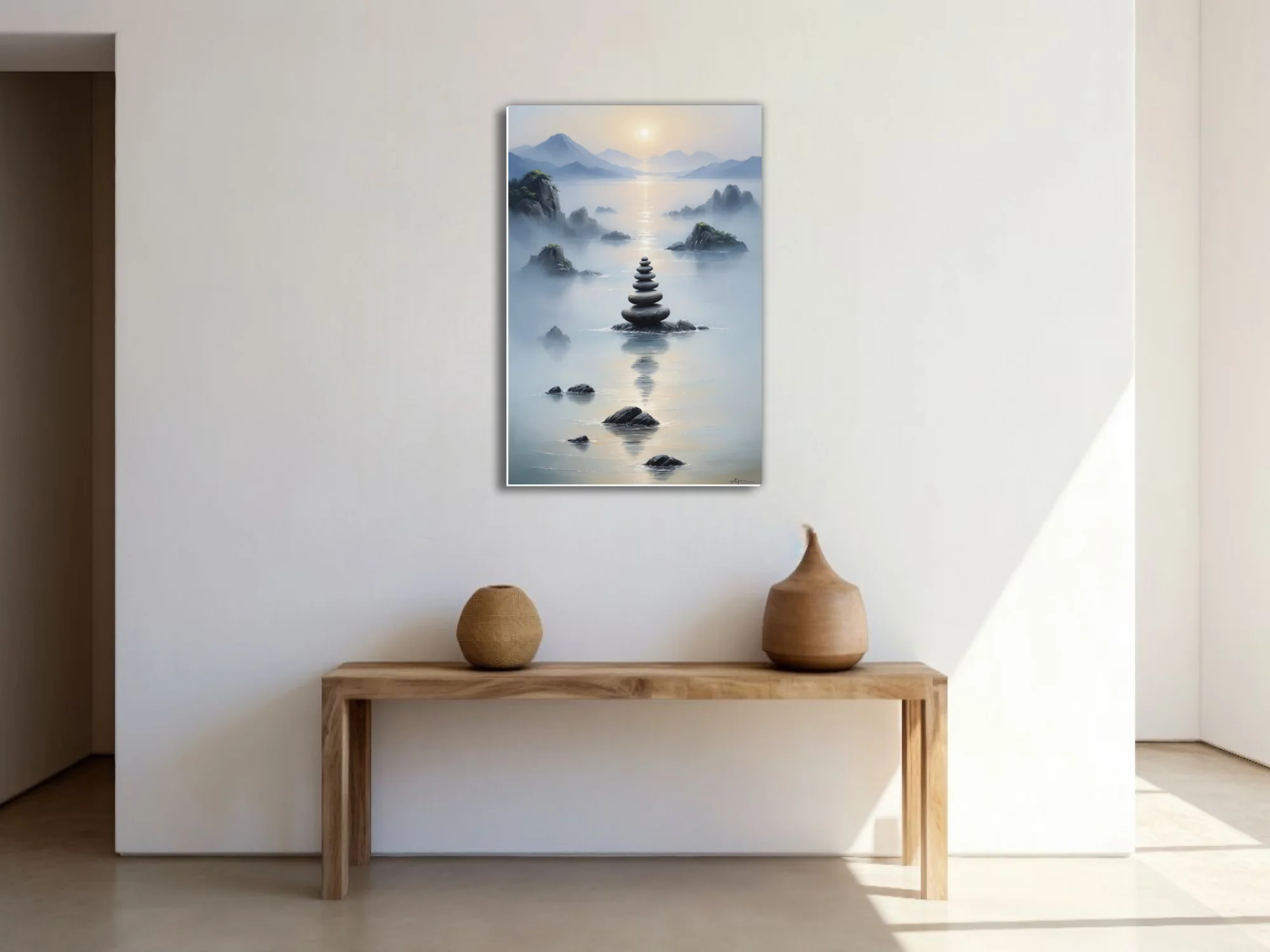 Zen ink-wash landscape with stacked stone cairn, misty water, and mountain silhouettes