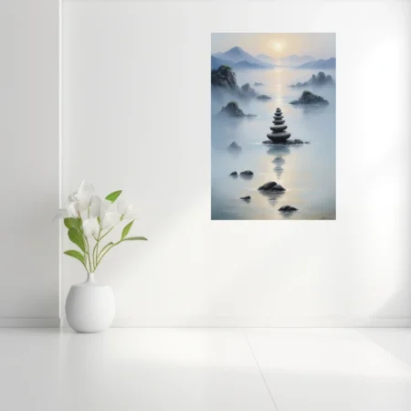 Zen ink-wash landscape with stacked stone cairn, misty water, and mountain silhouettes