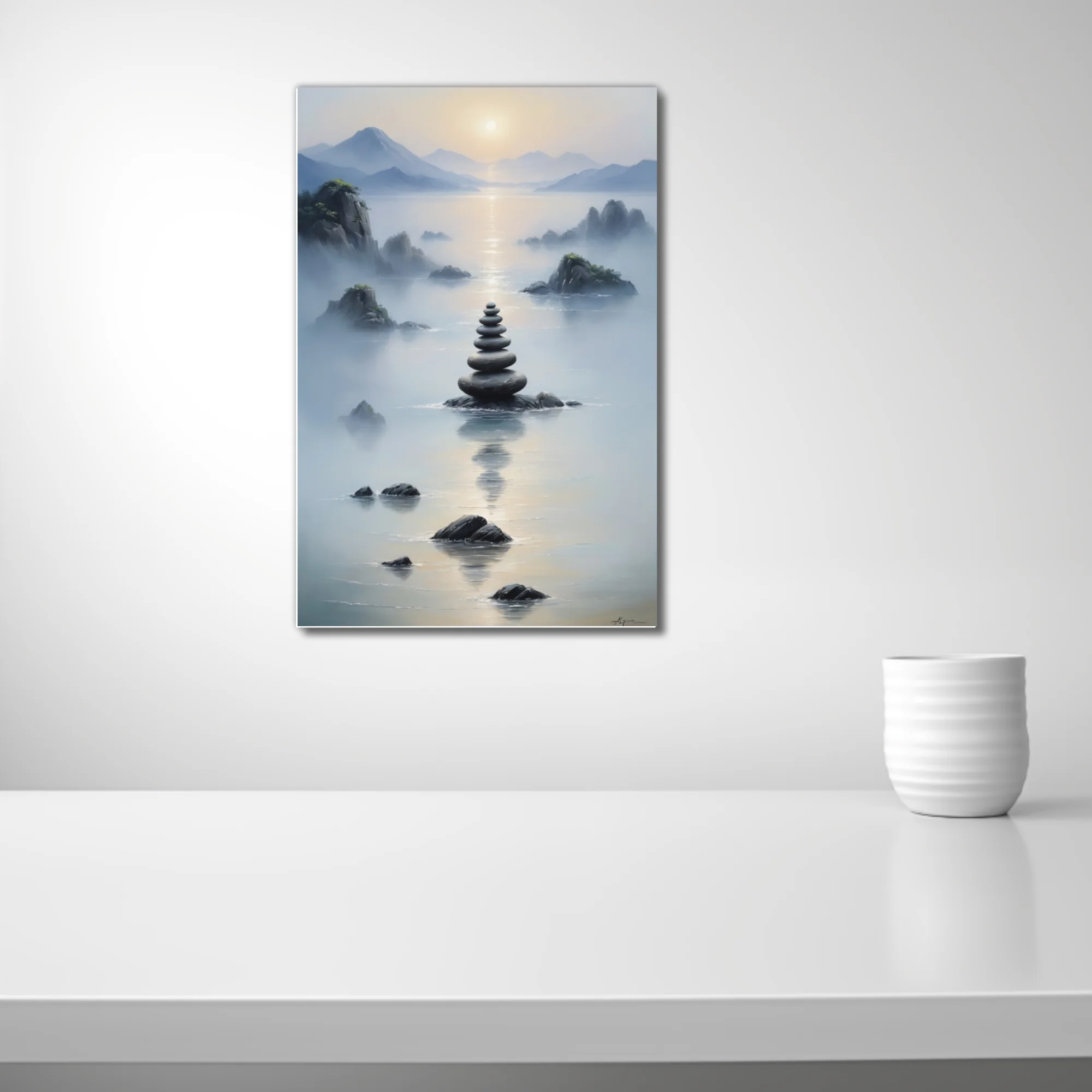 Zen ink-wash landscape with stacked stone cairn, misty water, and mountain silhouettes
