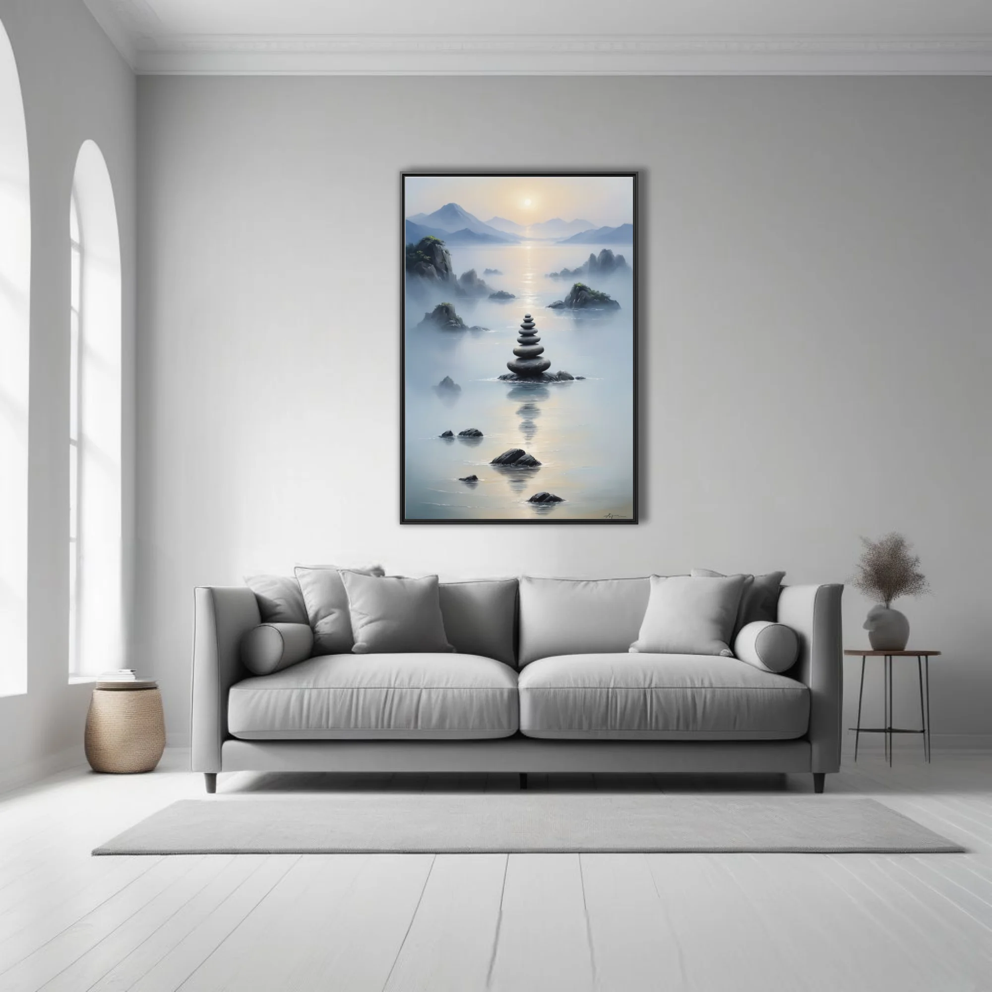 Zen ink-wash landscape with stacked stone cairn, misty water, and mountain silhouettes