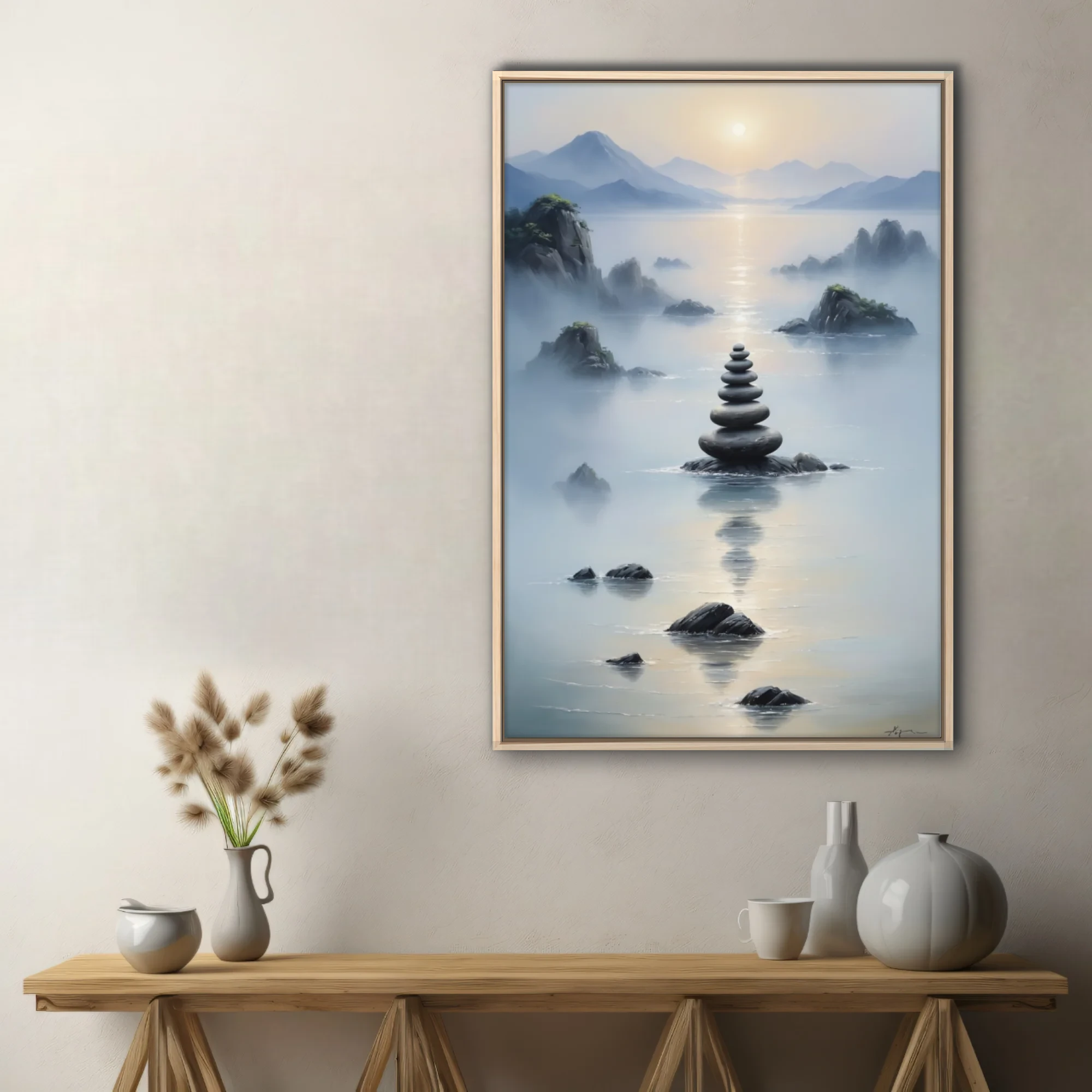 Zen ink-wash landscape with stacked stone cairn, misty water, and mountain silhouettes