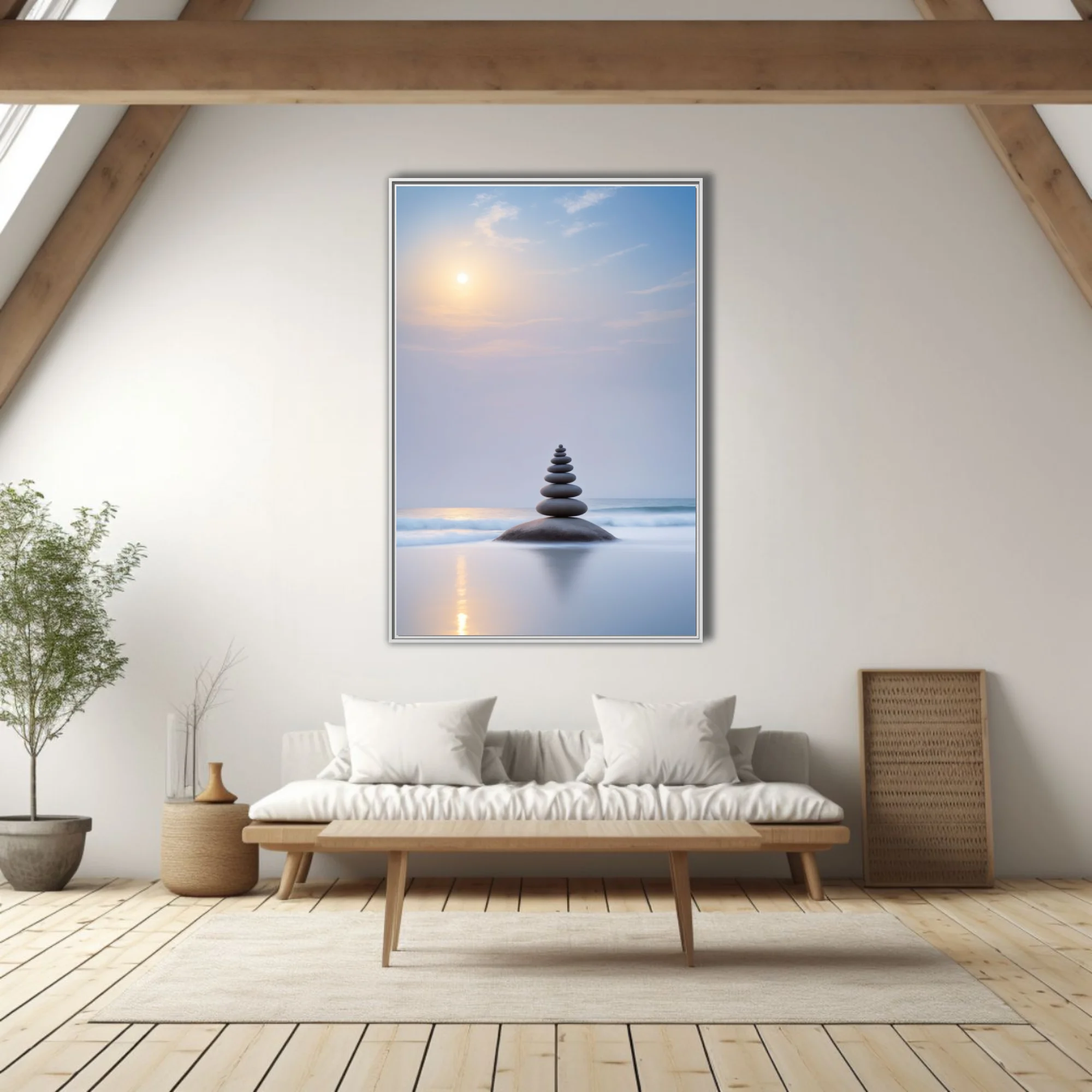 Minimalist zen stone stack on coastal rock, misty blue palette, soft sunrise glow