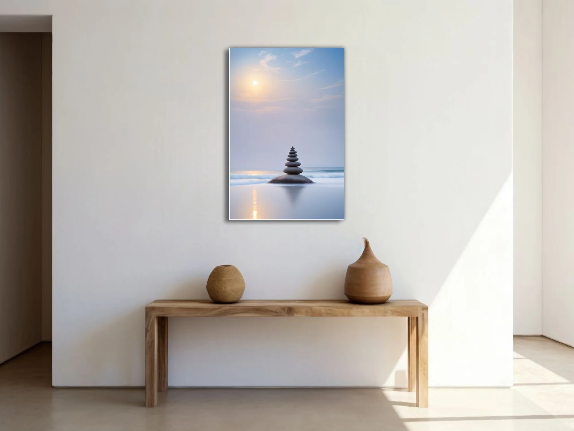 Minimalist zen stone stack on coastal rock, misty blue palette, soft sunrise glow