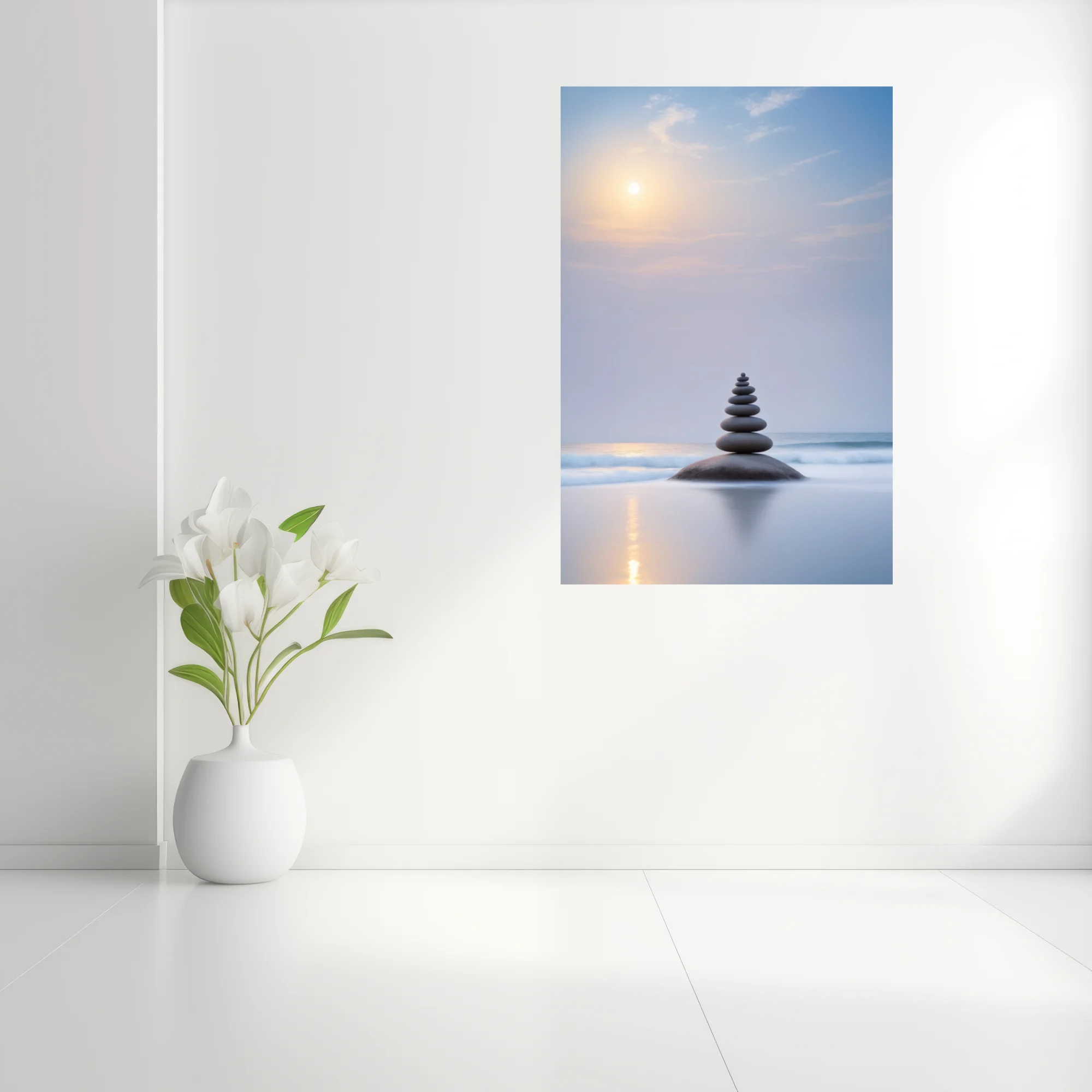 Minimalist zen stone stack on coastal rock, misty blue palette, soft sunrise glow