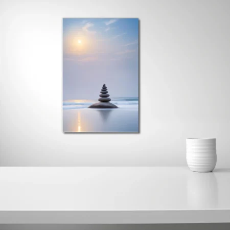 Minimalist zen stone stack on coastal rock, misty blue palette, soft sunrise glow