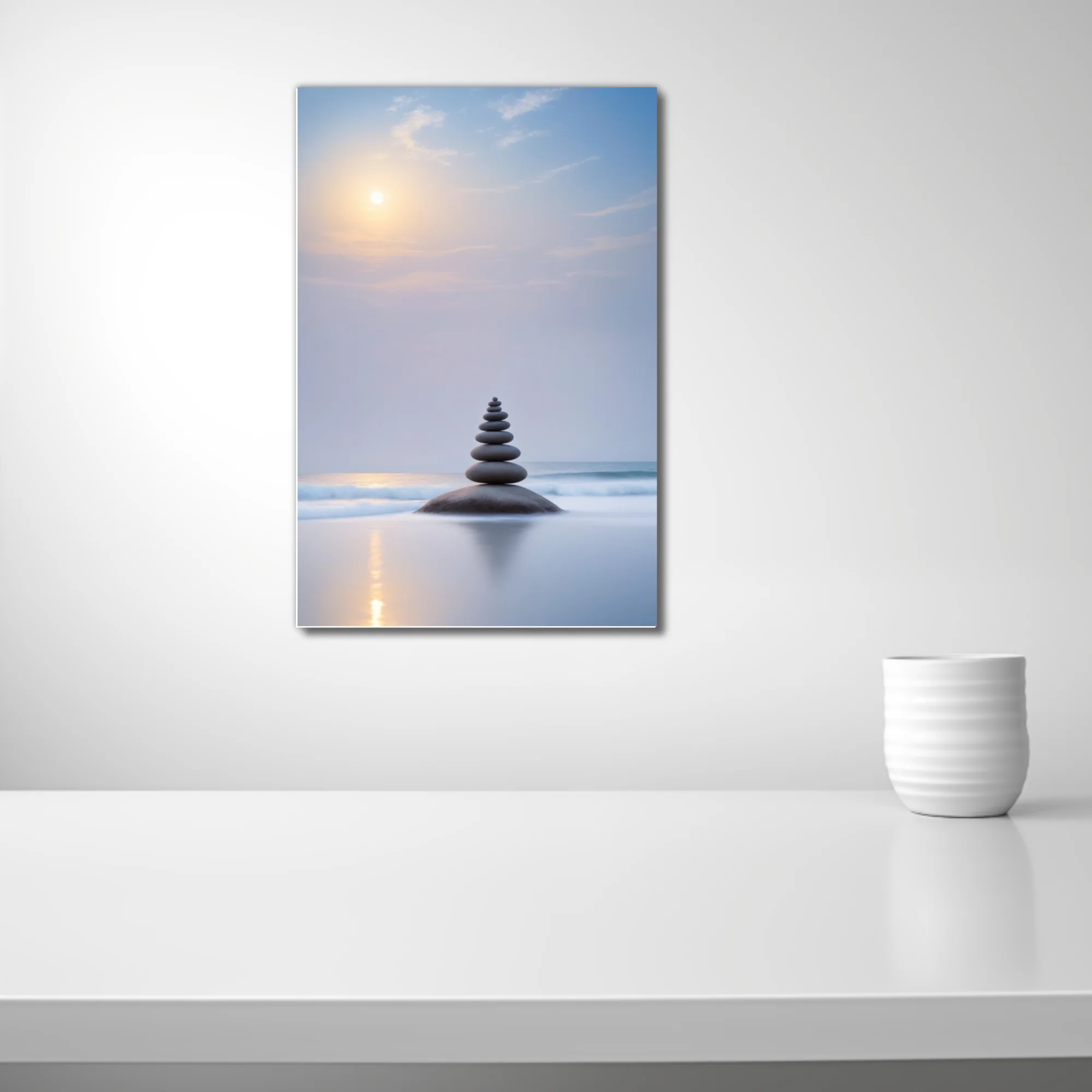 Minimalist zen stone stack on coastal rock, misty blue palette, soft sunrise glow