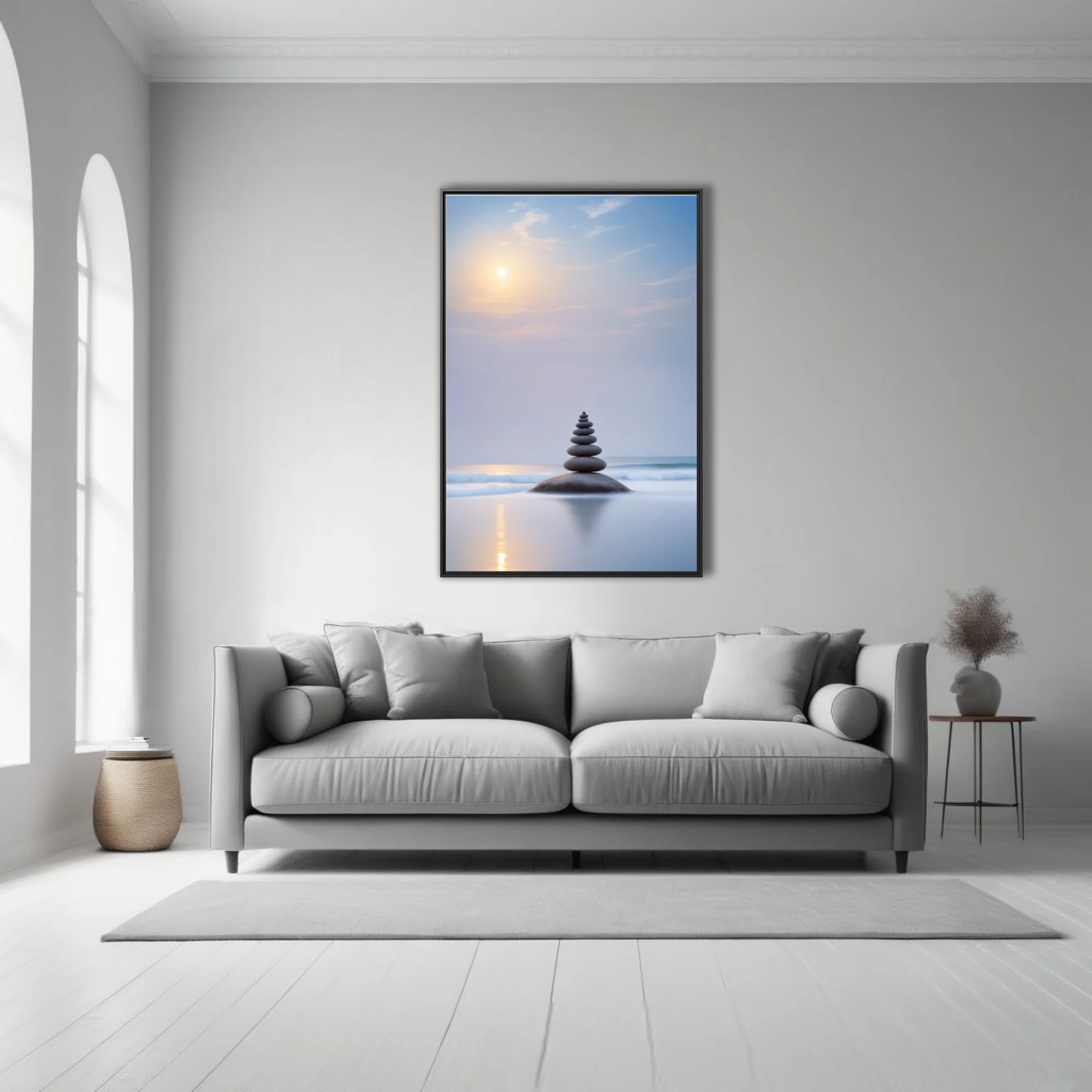 Minimalist zen stone stack on coastal rock, misty blue palette, soft sunrise glow