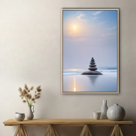 Minimalist zen stone stack on coastal rock, misty blue palette, soft sunrise glow