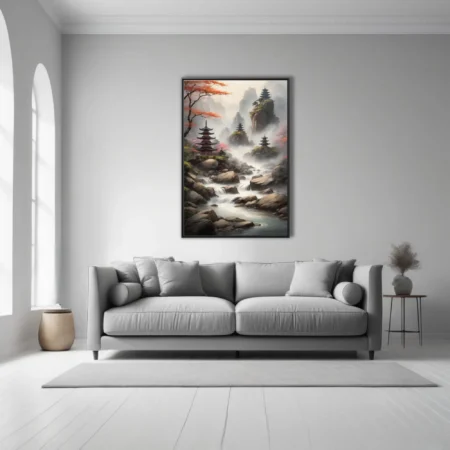 Ink-wash-style East Asian landscape with misty pagodas, rocky stream, and autumn foliage