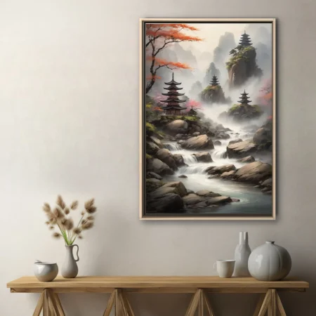 Ink-wash-style East Asian landscape with misty pagodas, rocky stream, and autumn foliage