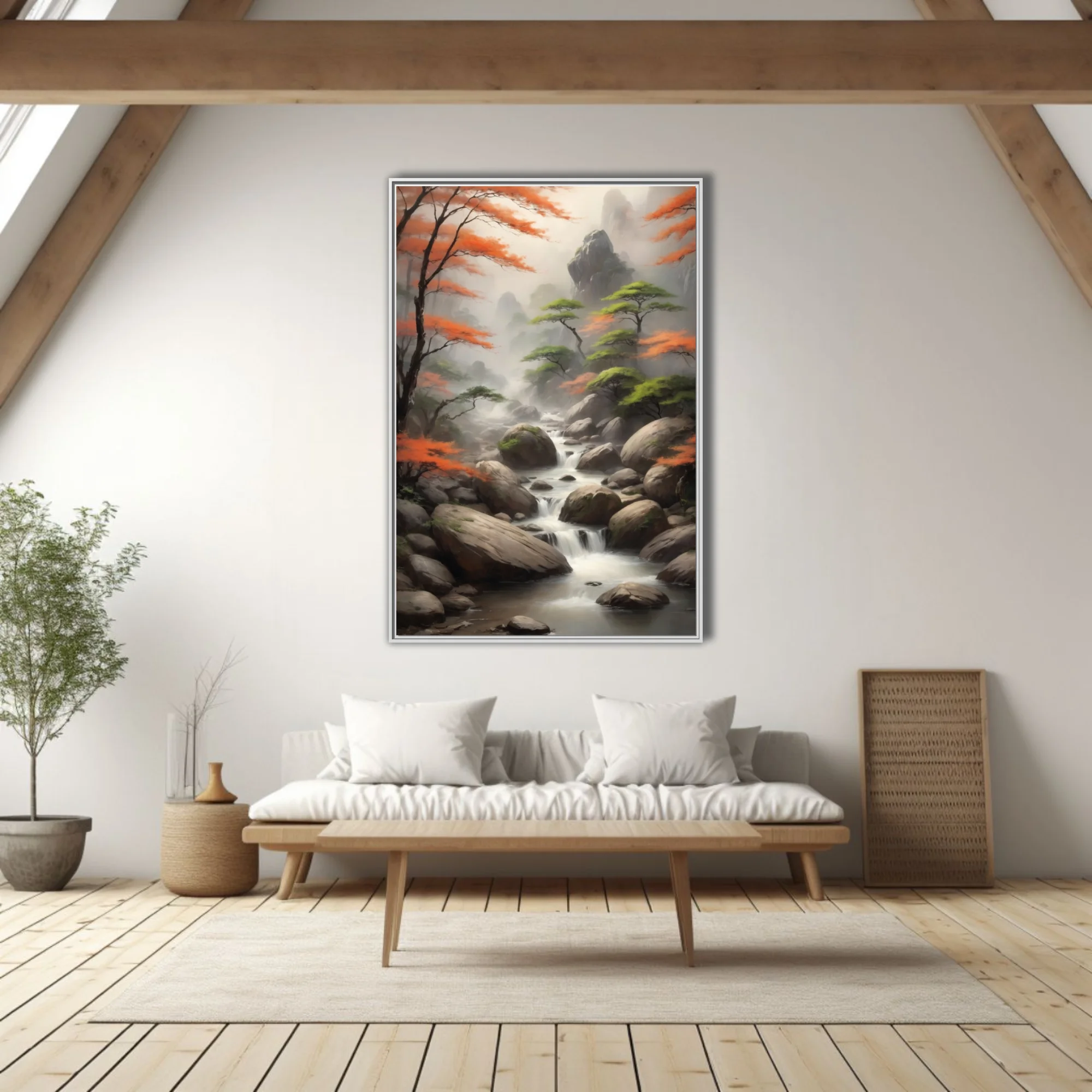 Chinese ink-wash-style autumn mountain stream with misty peaks and orange foliage