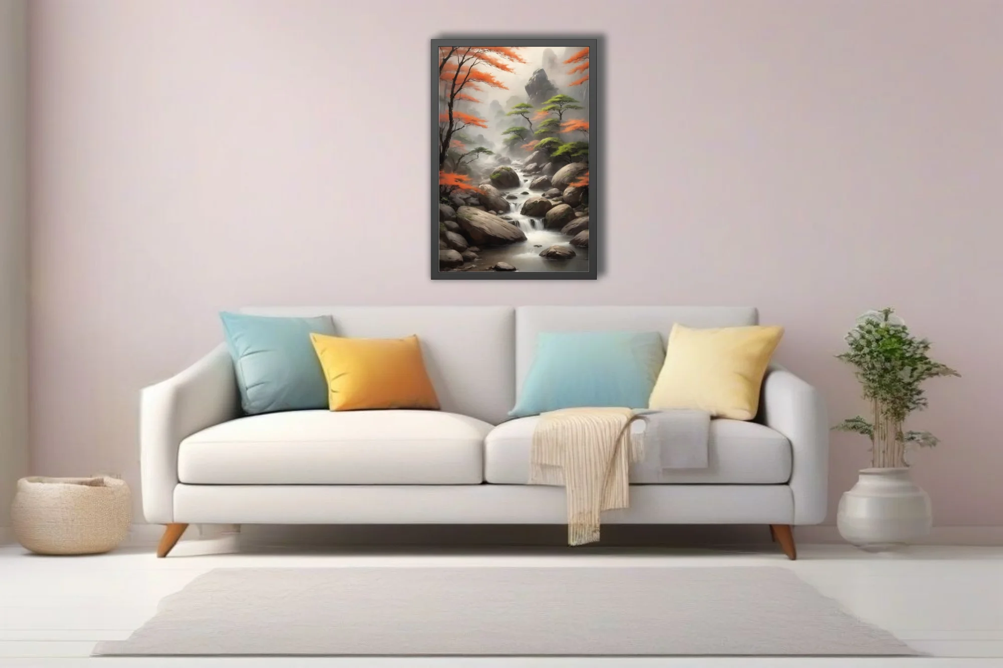 Chinese ink-wash-style autumn mountain stream with misty peaks and orange foliage