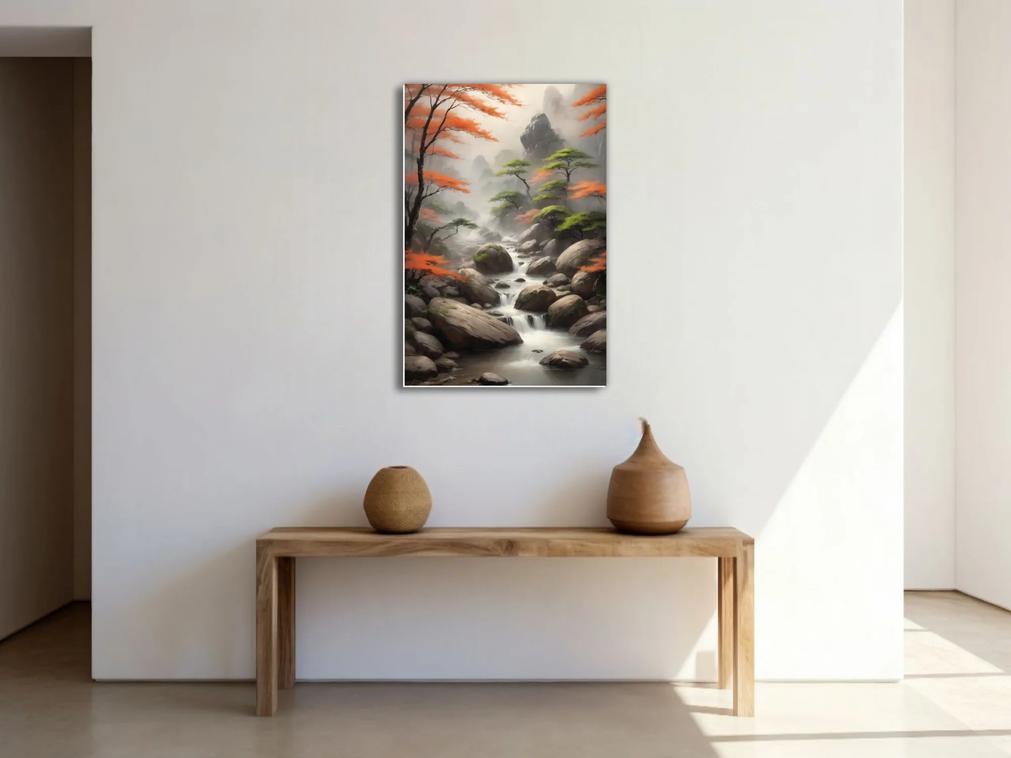 Chinese ink-wash-style autumn mountain stream with misty peaks and orange foliage