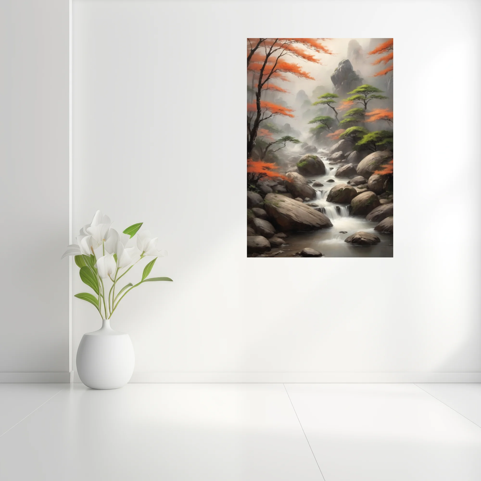 Chinese ink-wash-style autumn mountain stream with misty peaks and orange foliage