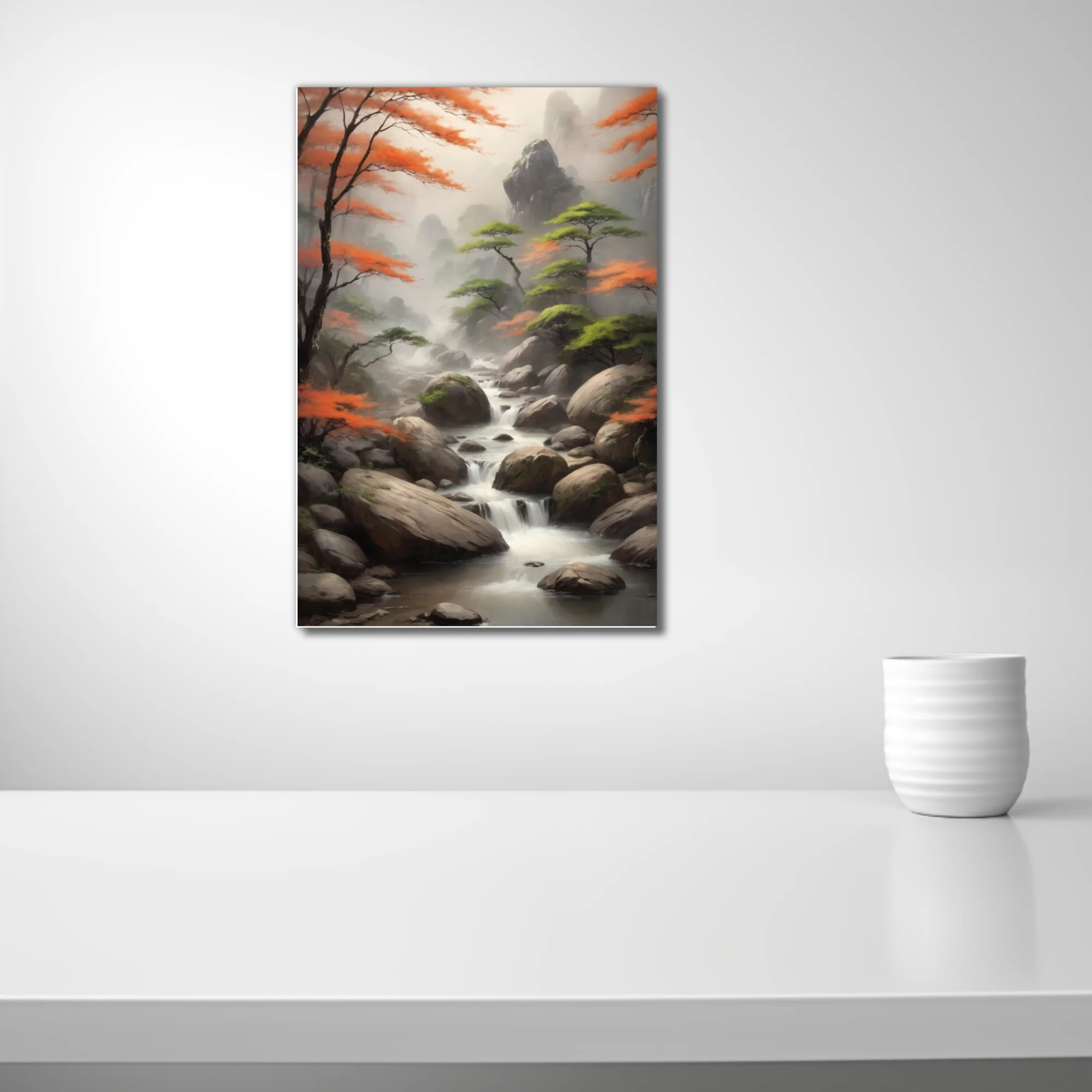 Chinese ink-wash-style autumn mountain stream with misty peaks and orange foliage
